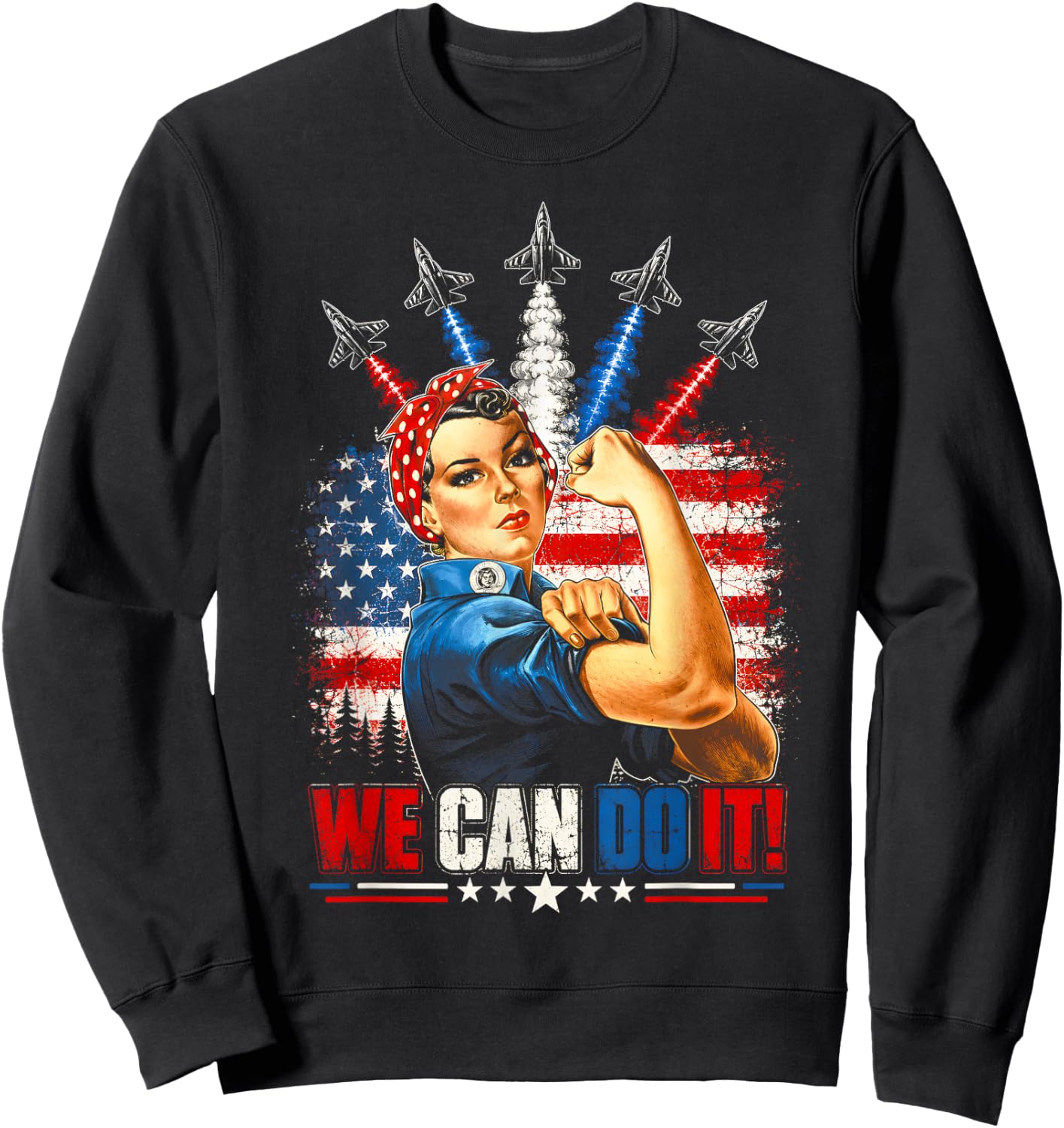 Rosie the Riveter American Flag Feminist Patriotic Women Kid Sweatshirt - Sweatshirt | Black