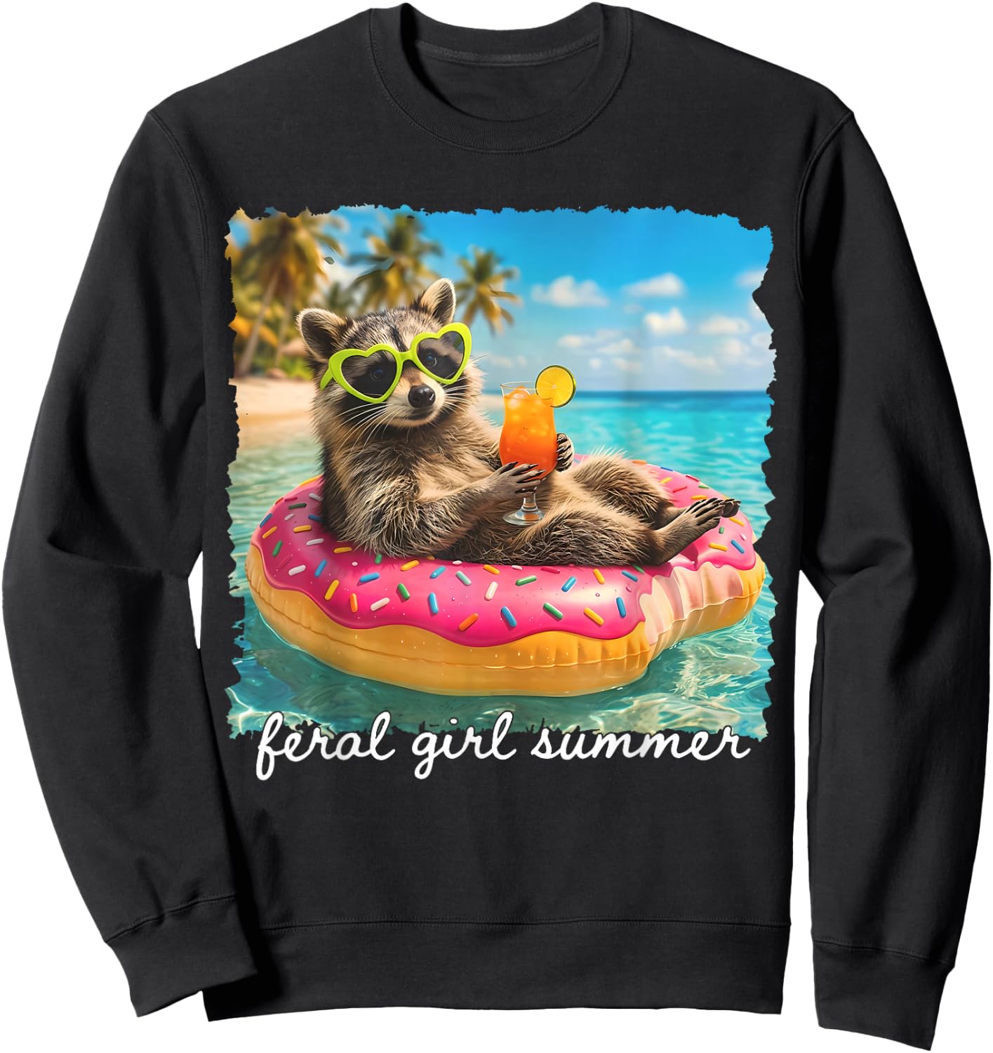 Funny Raccoon Feral Girl Summer Tropical Beach Vacation Trip Sweatshirt - Sweatshirt | Black