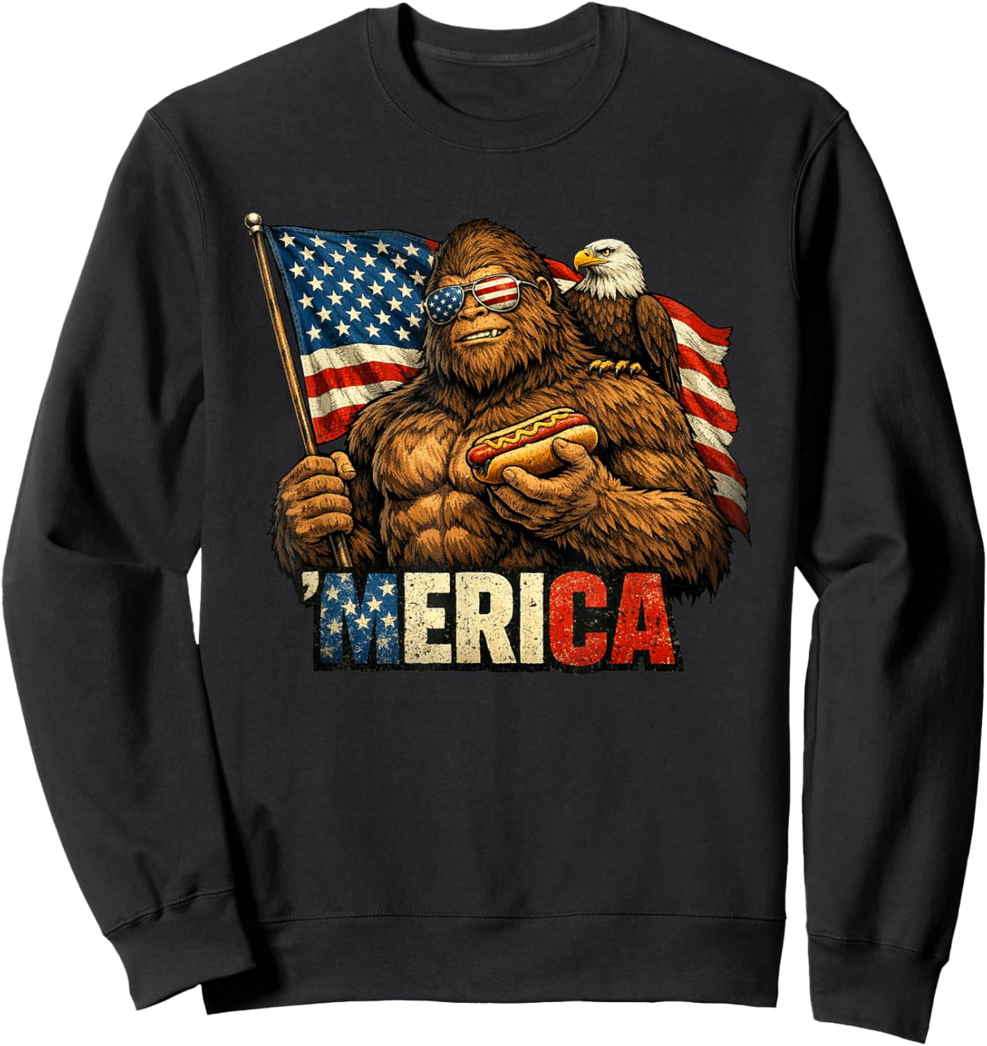 Funny Bigfoot Patriotic 4th of July American Flag Sweatshirt - Sweatshirt | Black