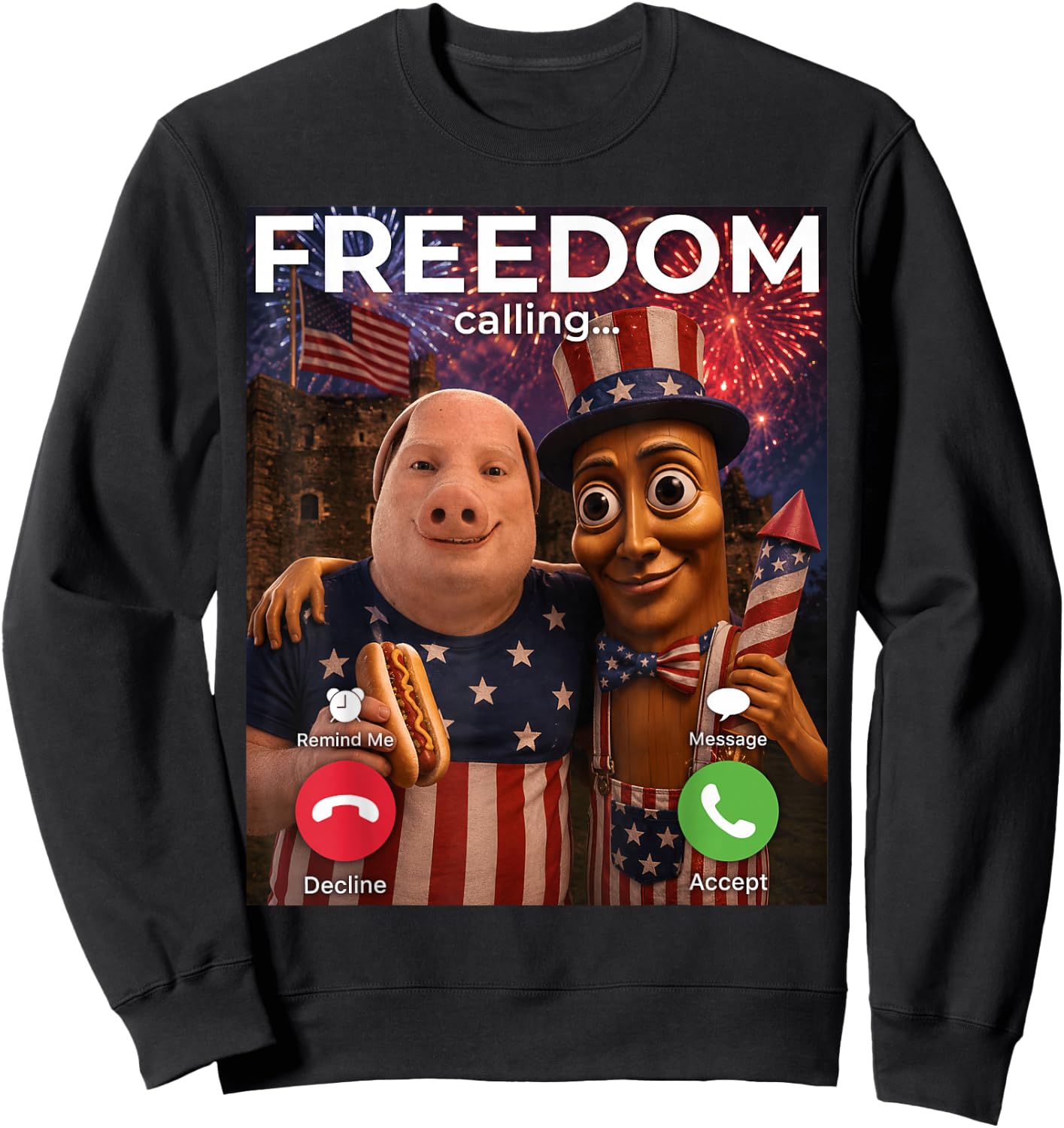John Pork Tung Sahur Freedom Calling Meme Fireworks July 4th Sweatshirt - Sweatshirt | Black