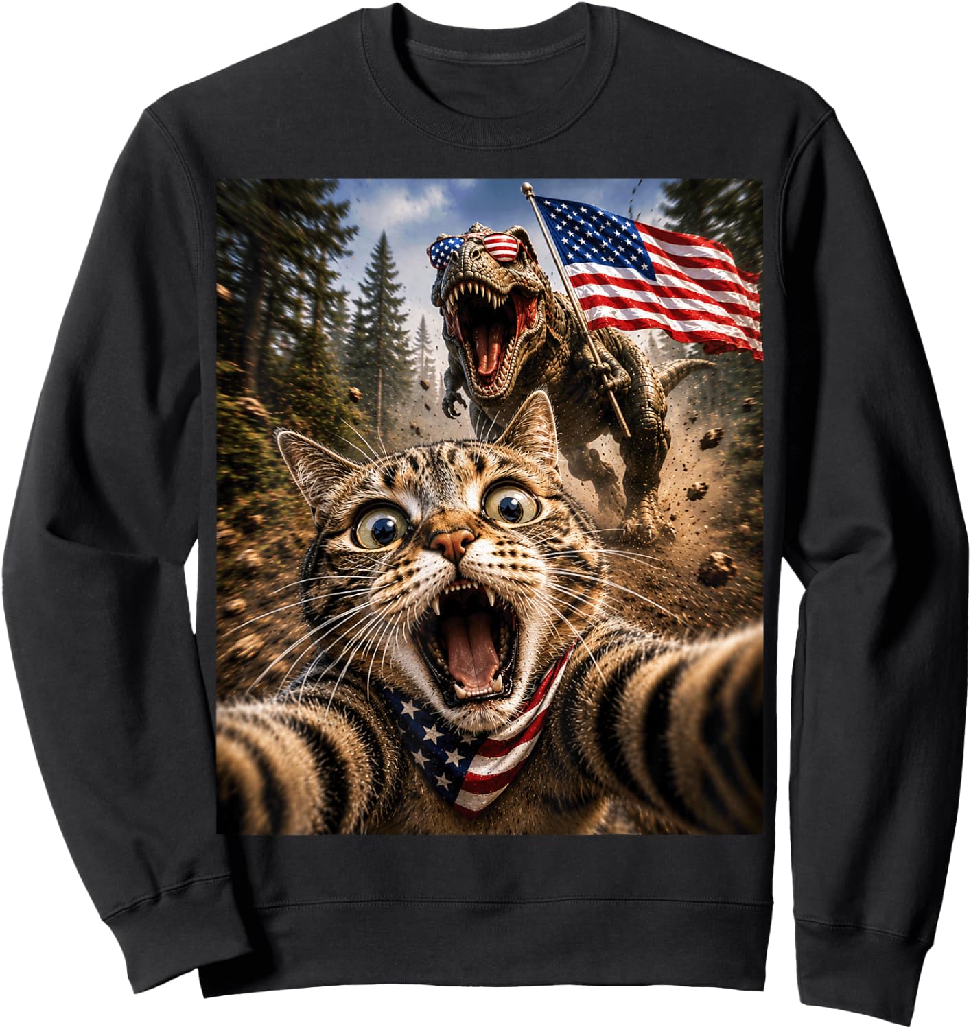 Patriotic TRex Cat Dinosaur Fourth of July Funny 4th of July Sweatshirt - Sweatshirt | Black