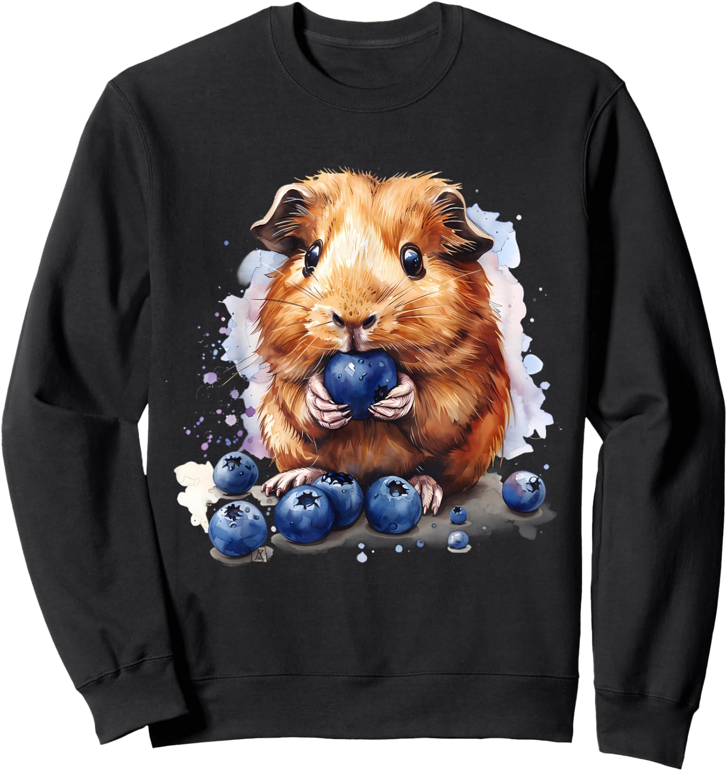 Blueberry Guinea Pig Watercolor Blueberry Fruit Drawing Sweatshirt - Sweatshirt | Black