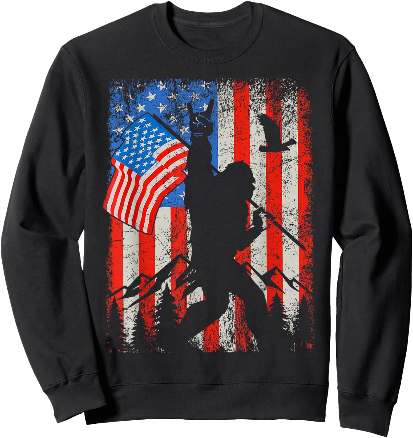 Bigfoot American Flag Sasquatch 4th of July Men Boy Kid Sweatshirt - Sweatshirt | Black