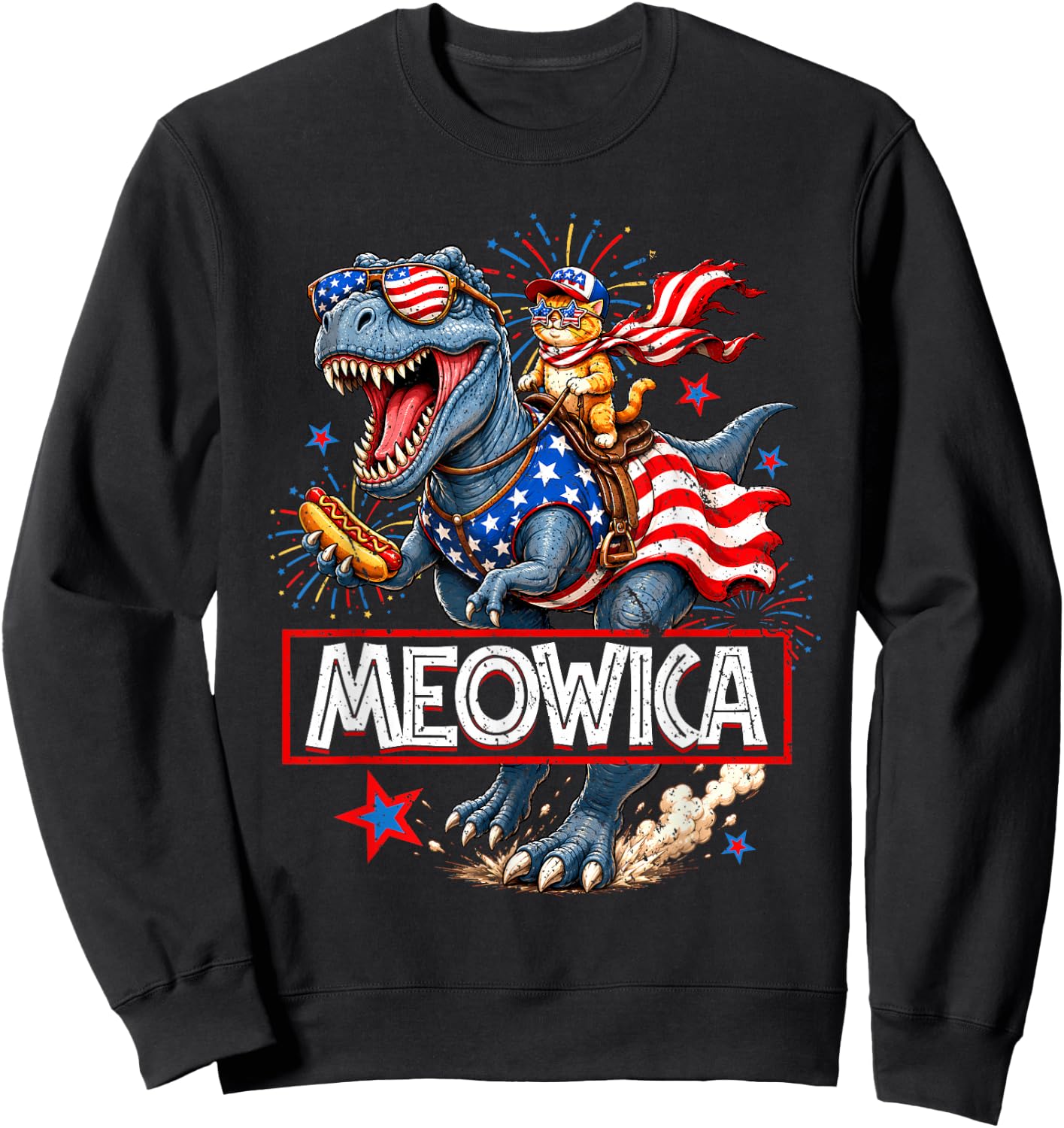 Meowica Cat Dinosaur TRex 4th of July Patriotic Toddler Boys Sweatshirt - Sweatshirt | Black
