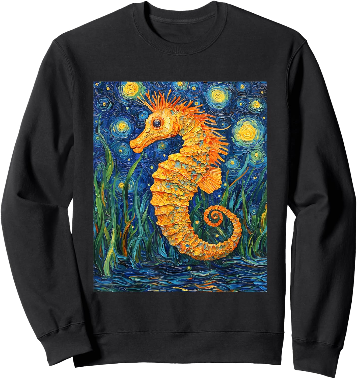 Cute Seahorse - Van Gogh Style - Starry Night Graphic Sweatshirt - Sweatshirt | Black
