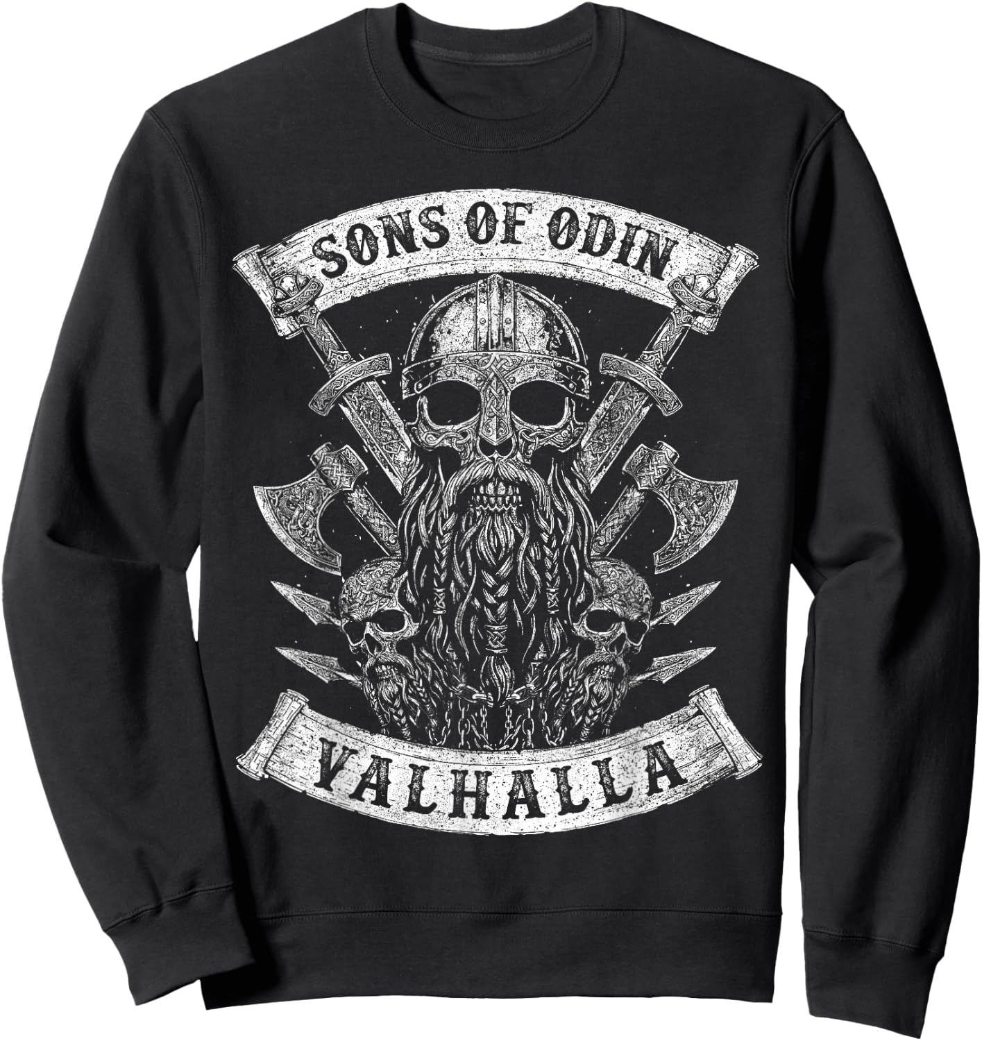 Sons of Odin- Valhalla Vikings Skull Black and White Sweatshirt - Sweatshirt | Black