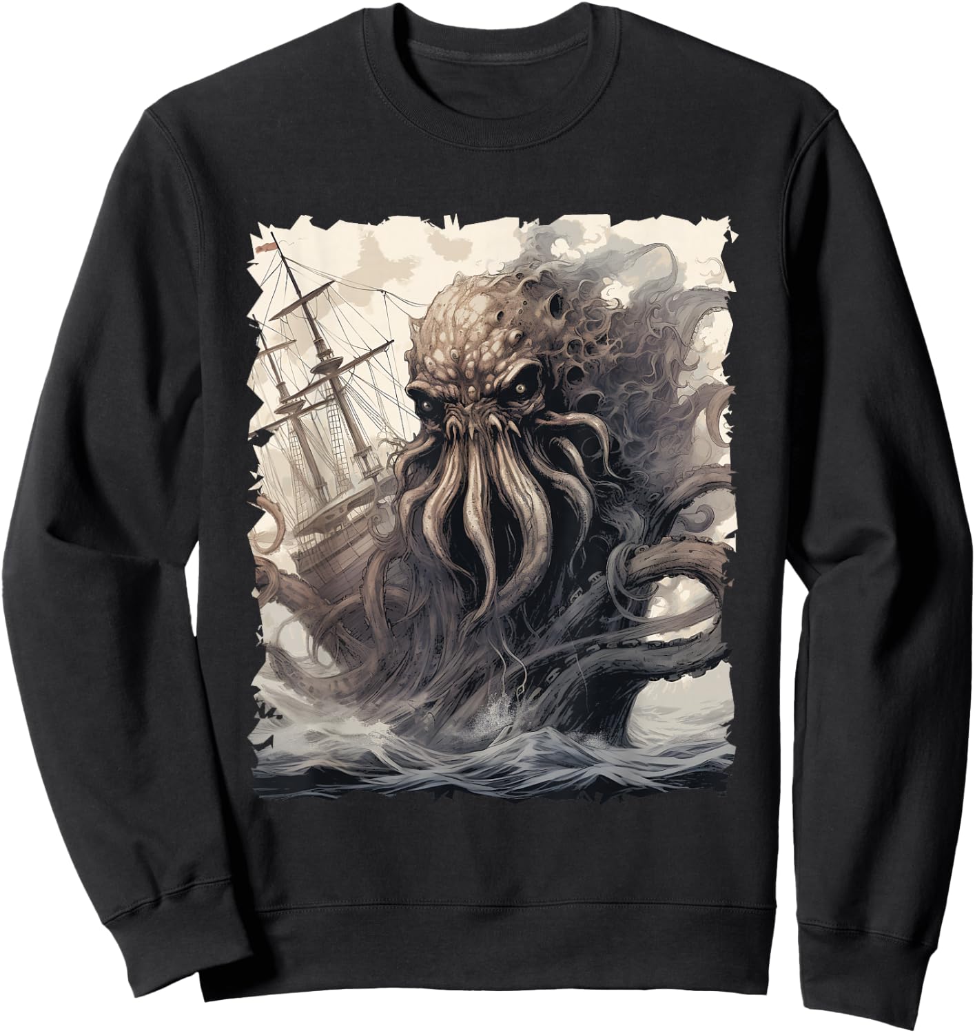 Kraken Attacking Pirate Ship Sea Monser Giant Octopus Sweatshirt - Sweatshirt | Black