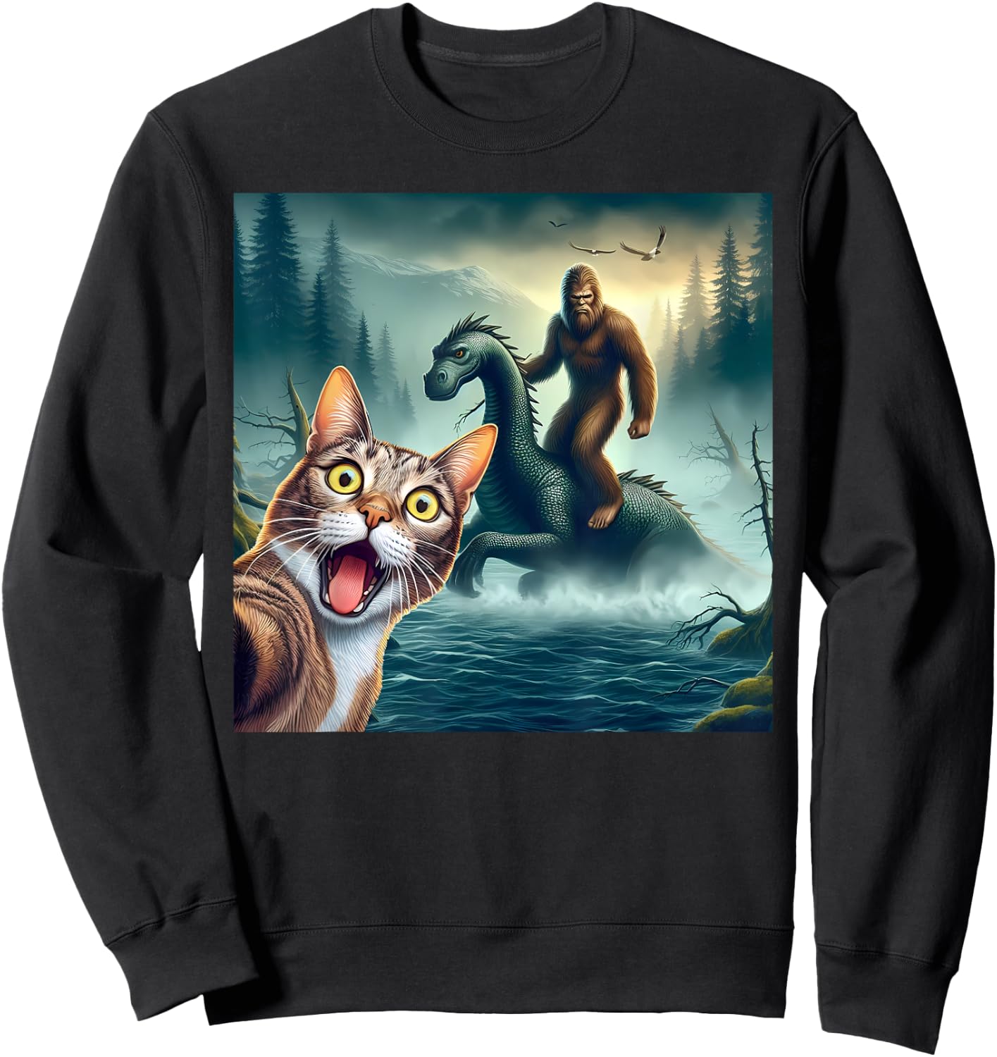 Cat Selfie bigfoot riding loch Ness monster surprised cat Women Kids Sweatshirt - Sweatshirt | Black