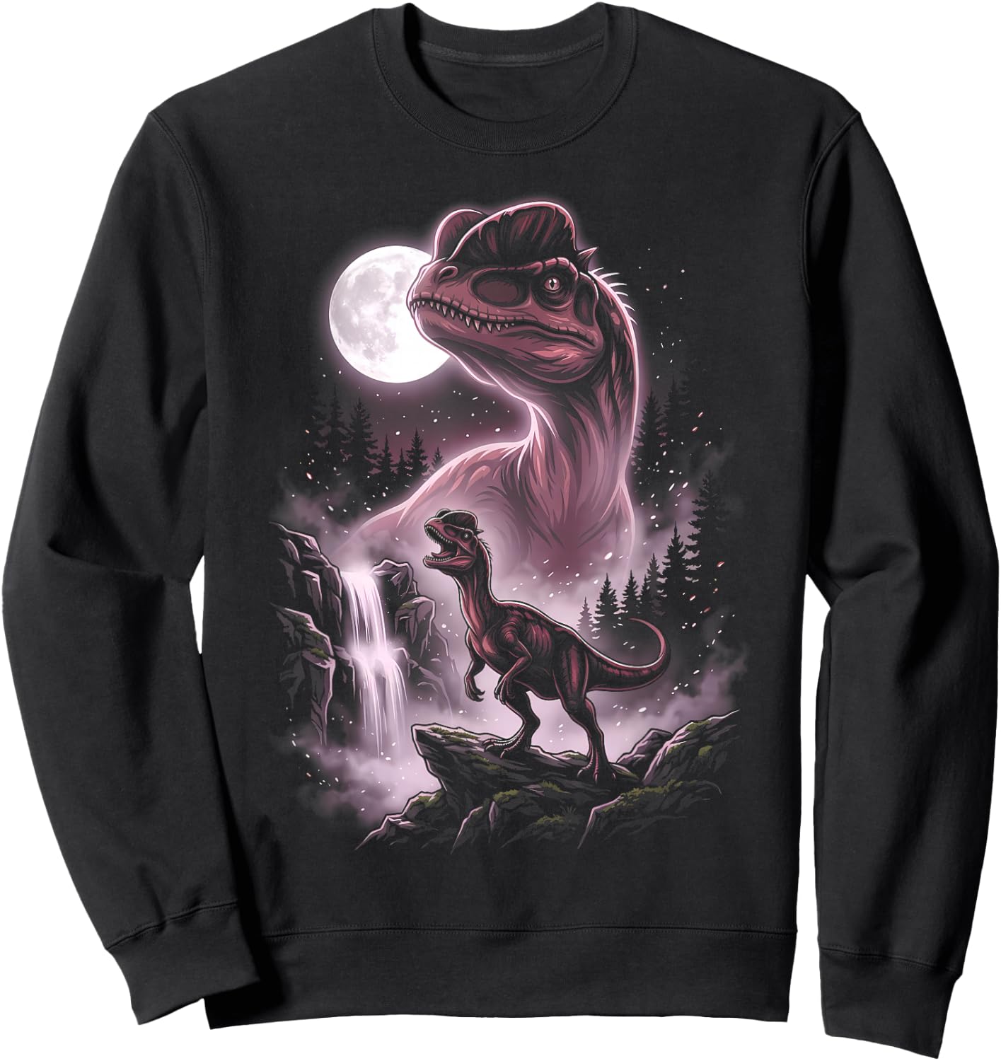 Dilophosaurus Silhouette Mystical Moon Dinosaur Sweatshirt - Sweatshirt | Black