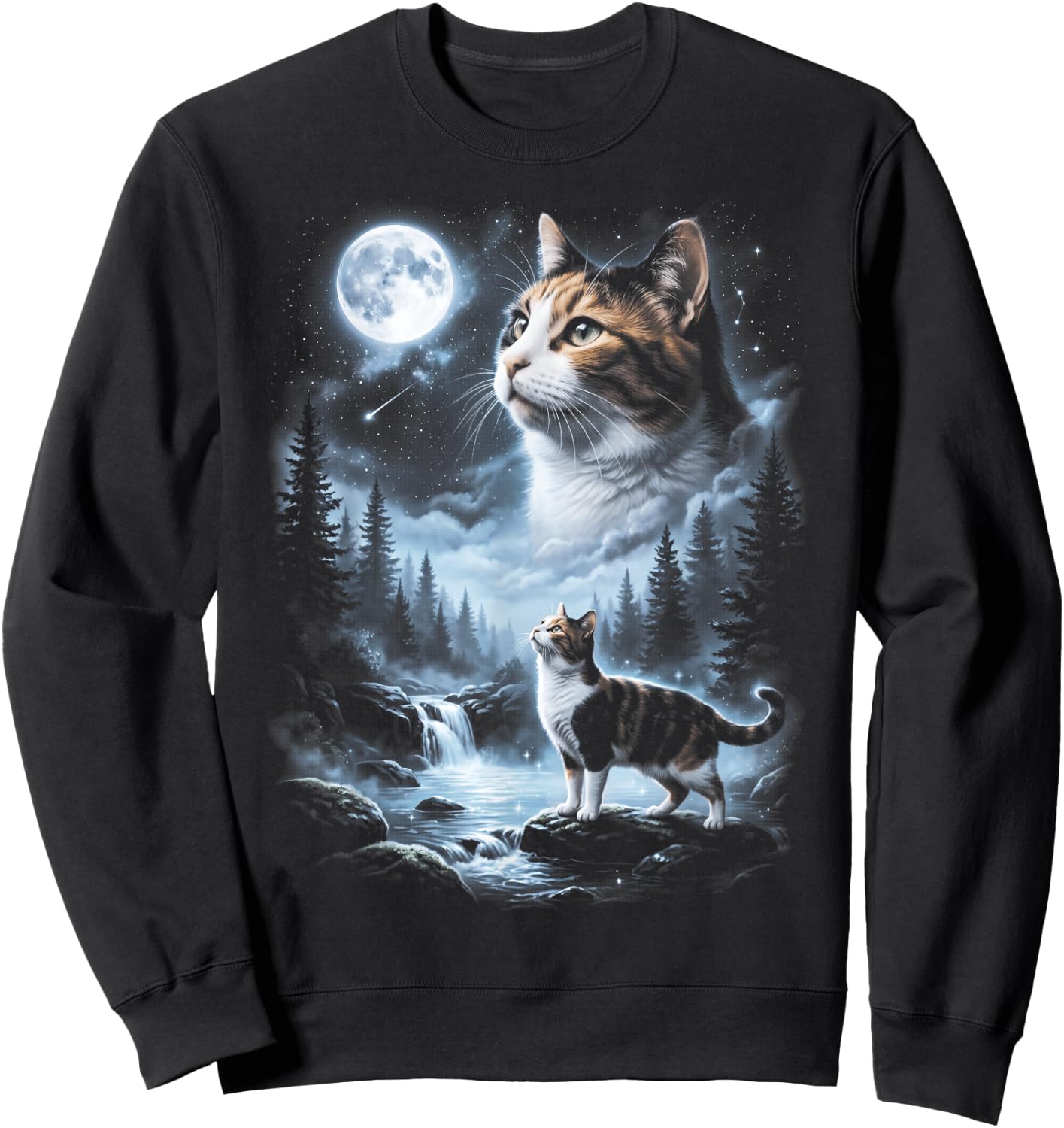 Calico Cat Howling at Moon 90's Retro Sweatshirt - Sweatshirt | Black