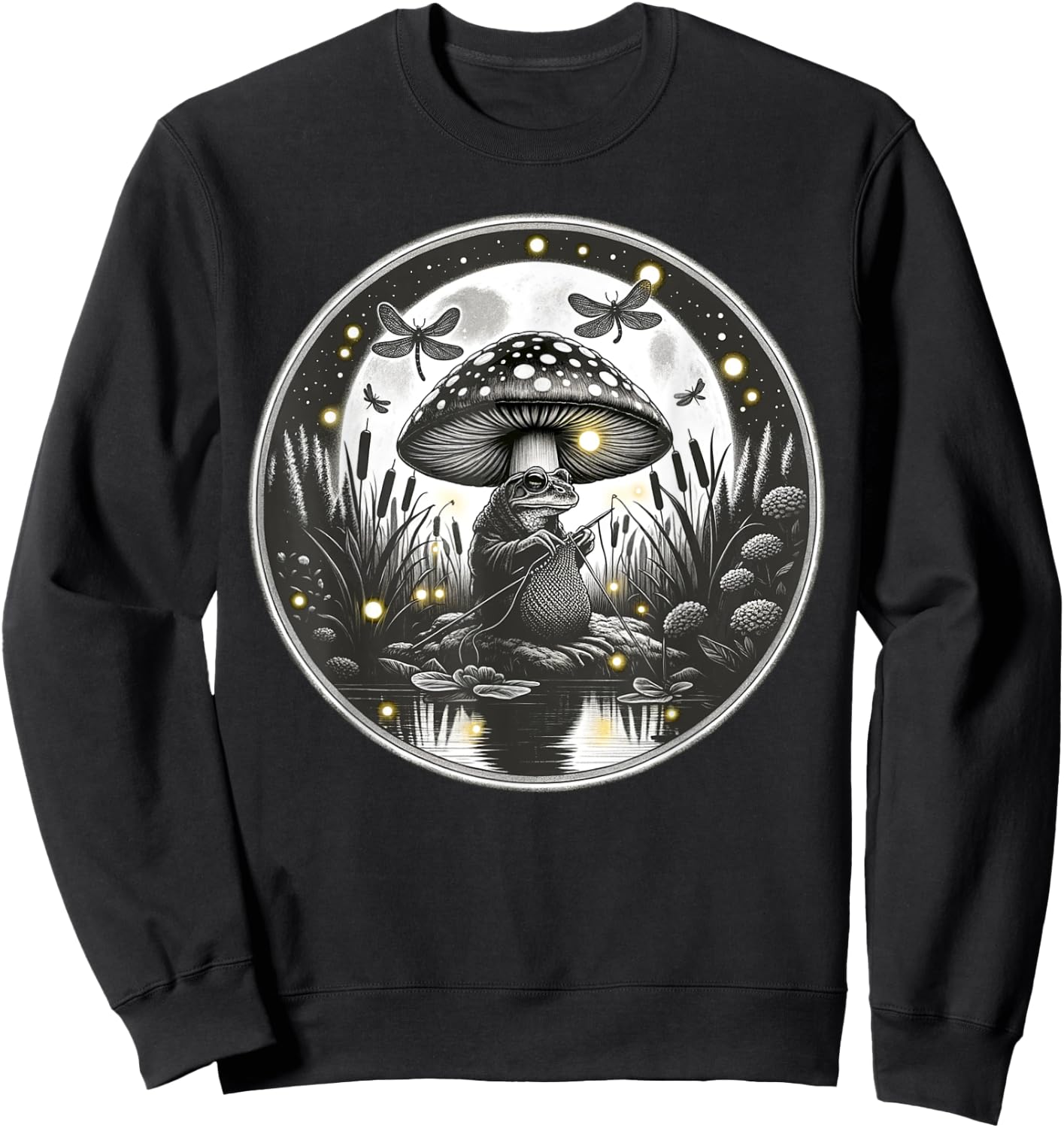 Frog Knitting Under Mushroom Cap Nature Crochet Sweatshirt - Sweatshirt | Black