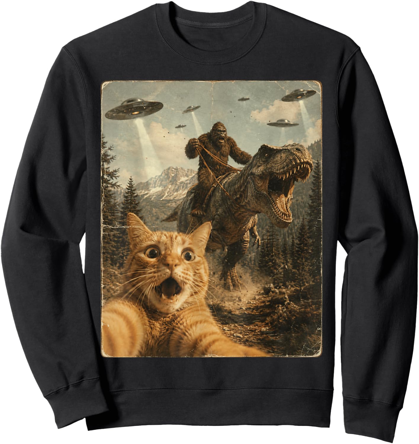 Funny Cat Selfie UFO Alien Chase Bigfoot Riding T-Rex Kid Sweatshirt - Sweatshirt | Black