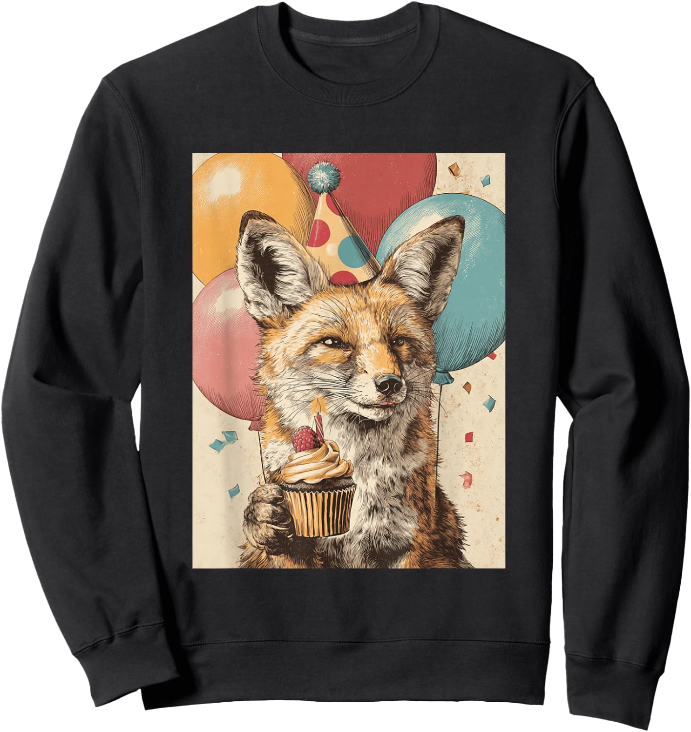 Coyote Retro Art Print Birthday Party Balloons & Cupcake Sweatshirt - Sweatshirt | Black