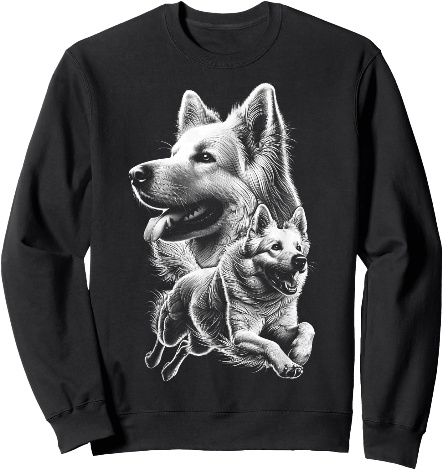 Cheerful White Shepherd Dog Fine Drawn Picture , black Sweatshirt - Sweatshirt | Black