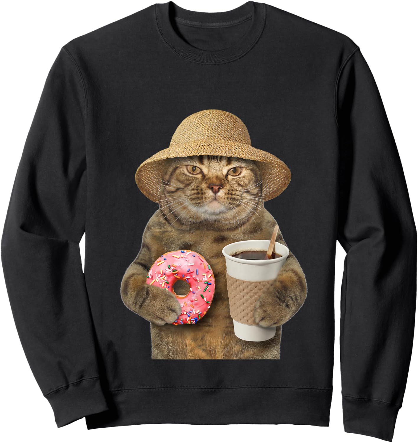 Funny brown Cat with coffee and donut Sweatshirt - Sweatshirt | Black
