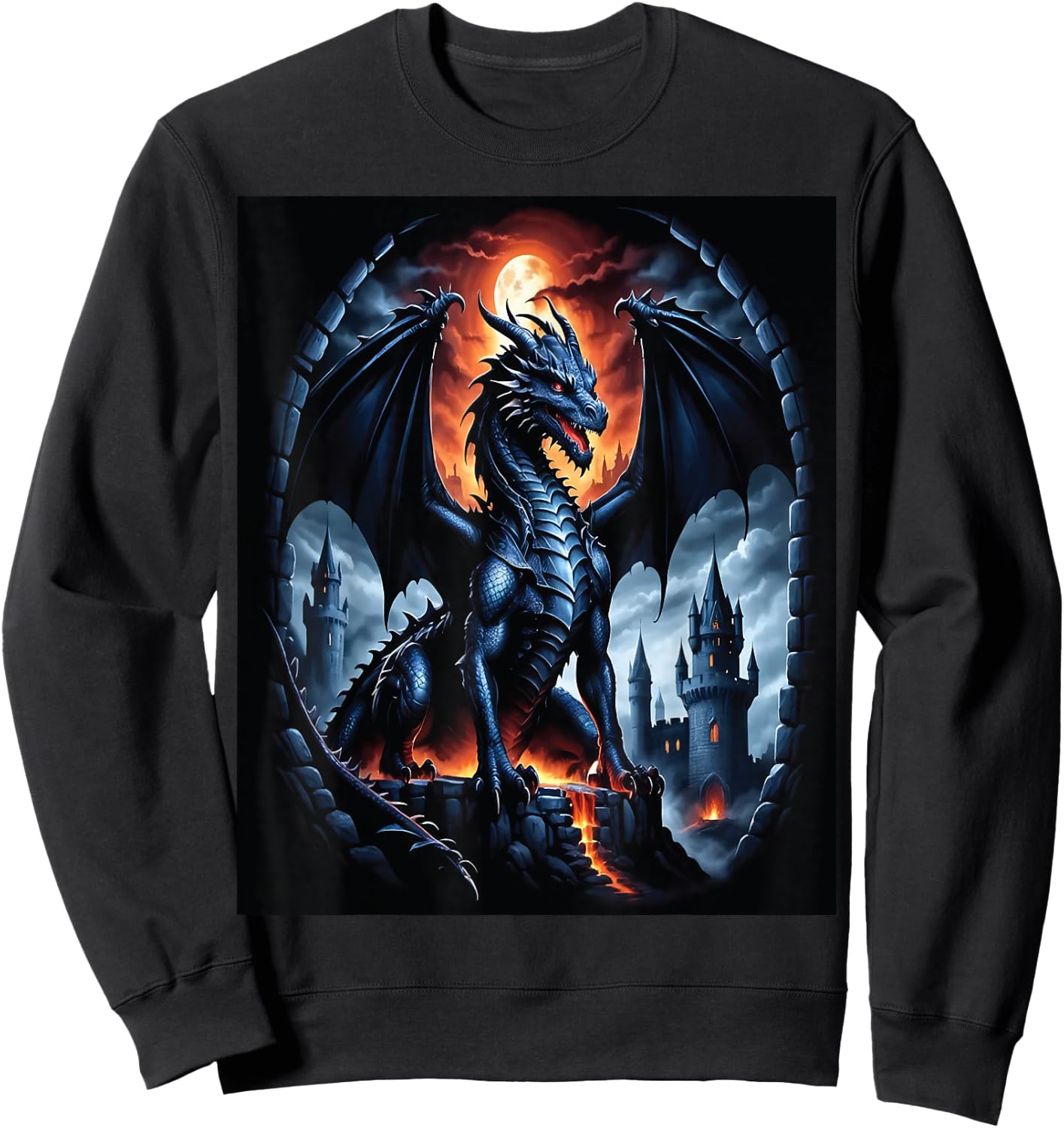 Drache Vollmond Schloss Feuer Fantasy Kunst Sweatshirt - Sweatshirt | Black