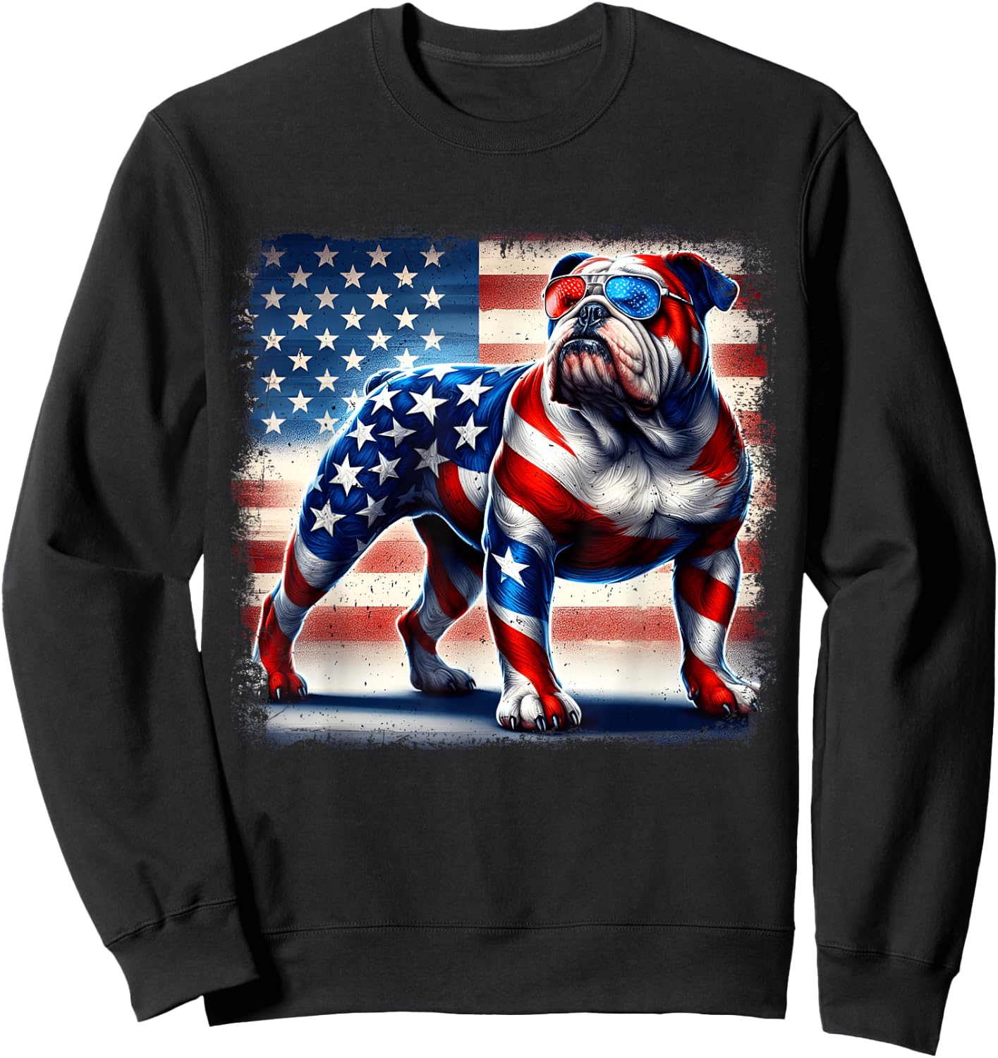 English Bulldog Dog 4th of July USA American Flag Patriotic Women Kids Sweatshirt - Sweatshirt | Black
