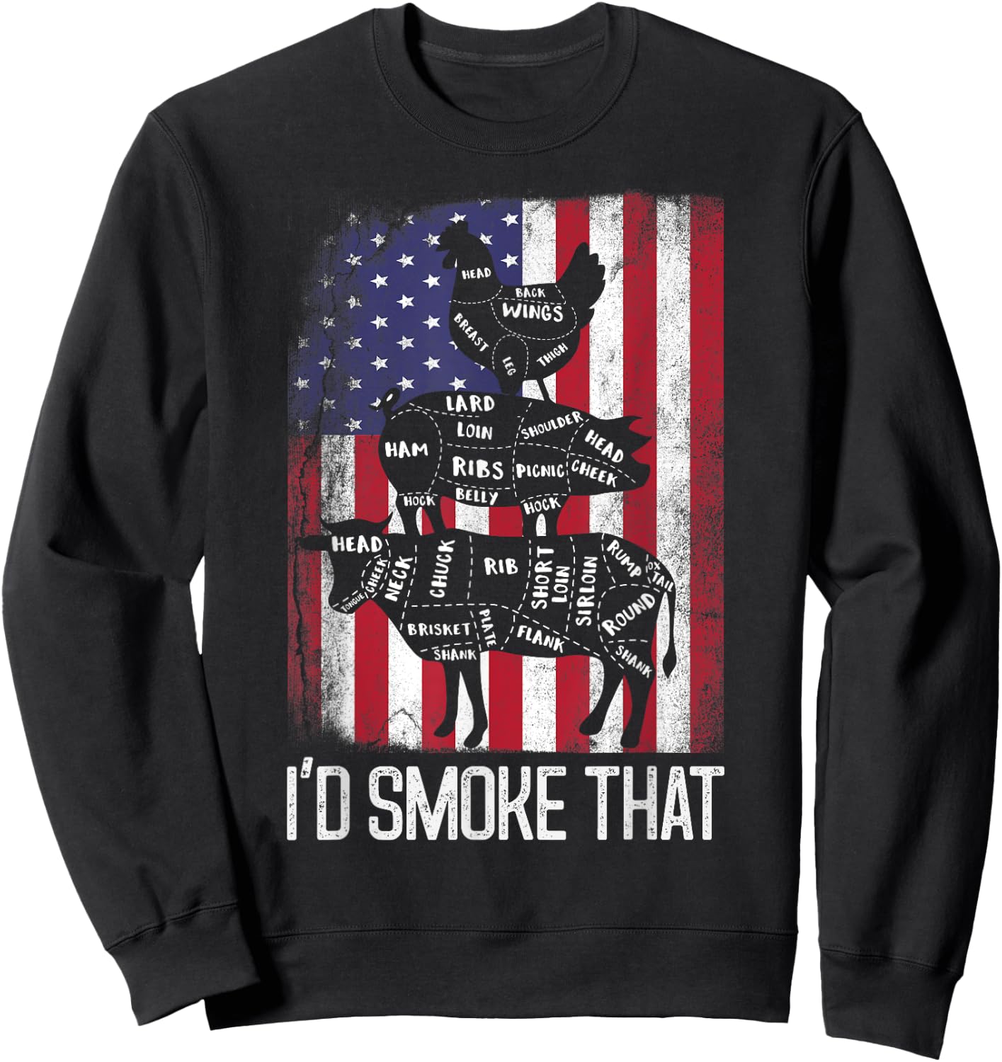 BBQ USA Flag I'd smoke that Beef Pork Chicken Butcher Funny Women Men Sweatshirt - Sweatshirt | Black