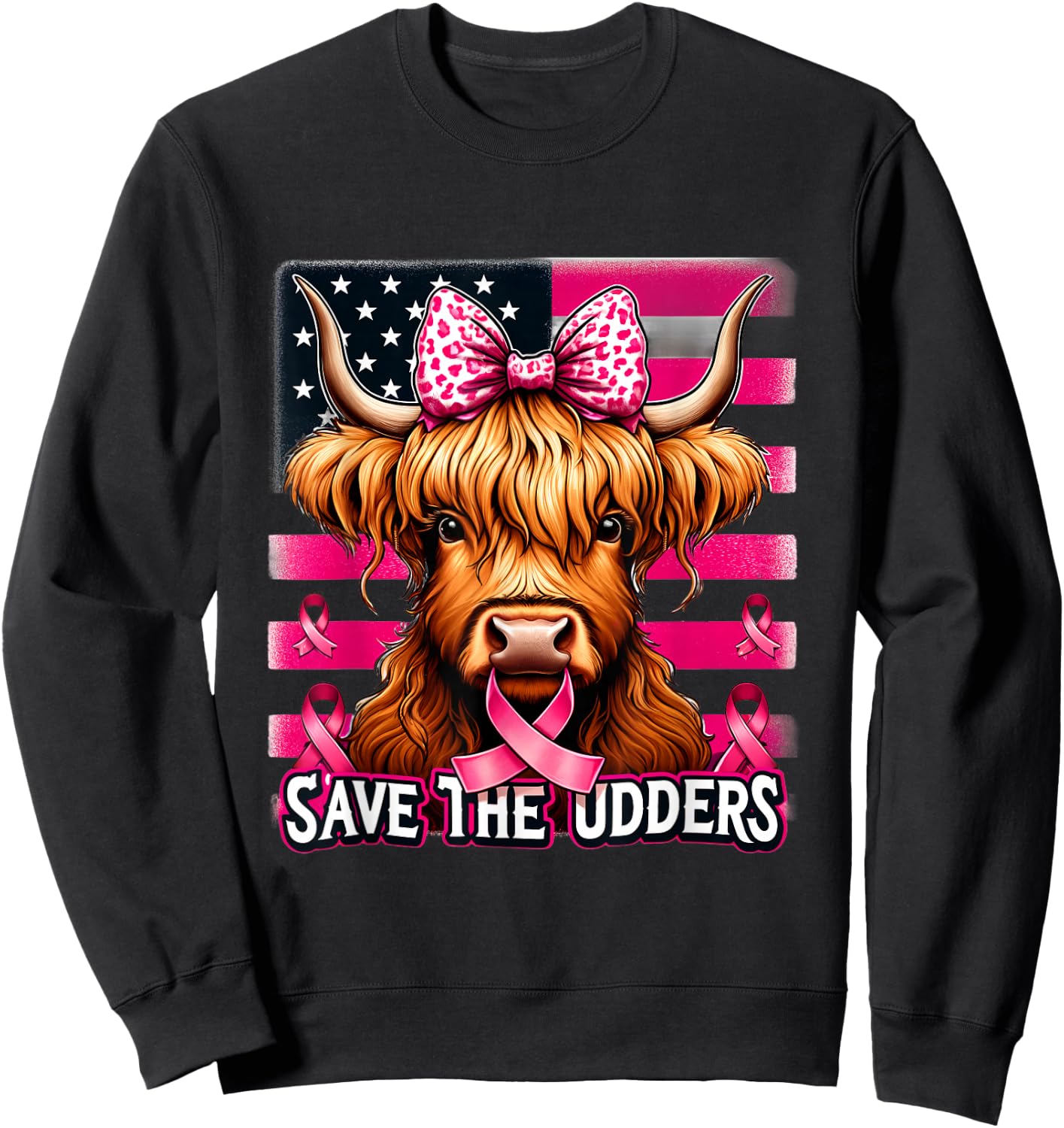 Retro Save The Udders Messy Hair Highland Cow Breast Cancer Sweatshirt - Sweatshirt | Black