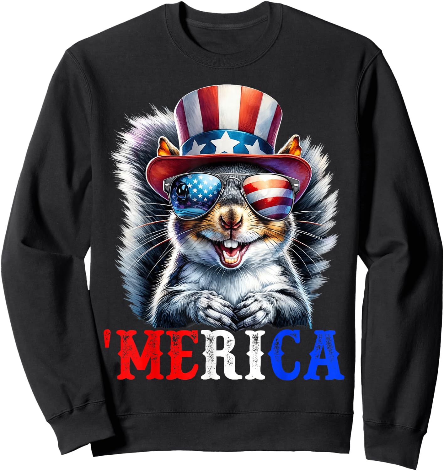 Merica Grey Squirrel Patriotic 4th of July Funny Men Women Sweatshirt - Sweatshirt | Black