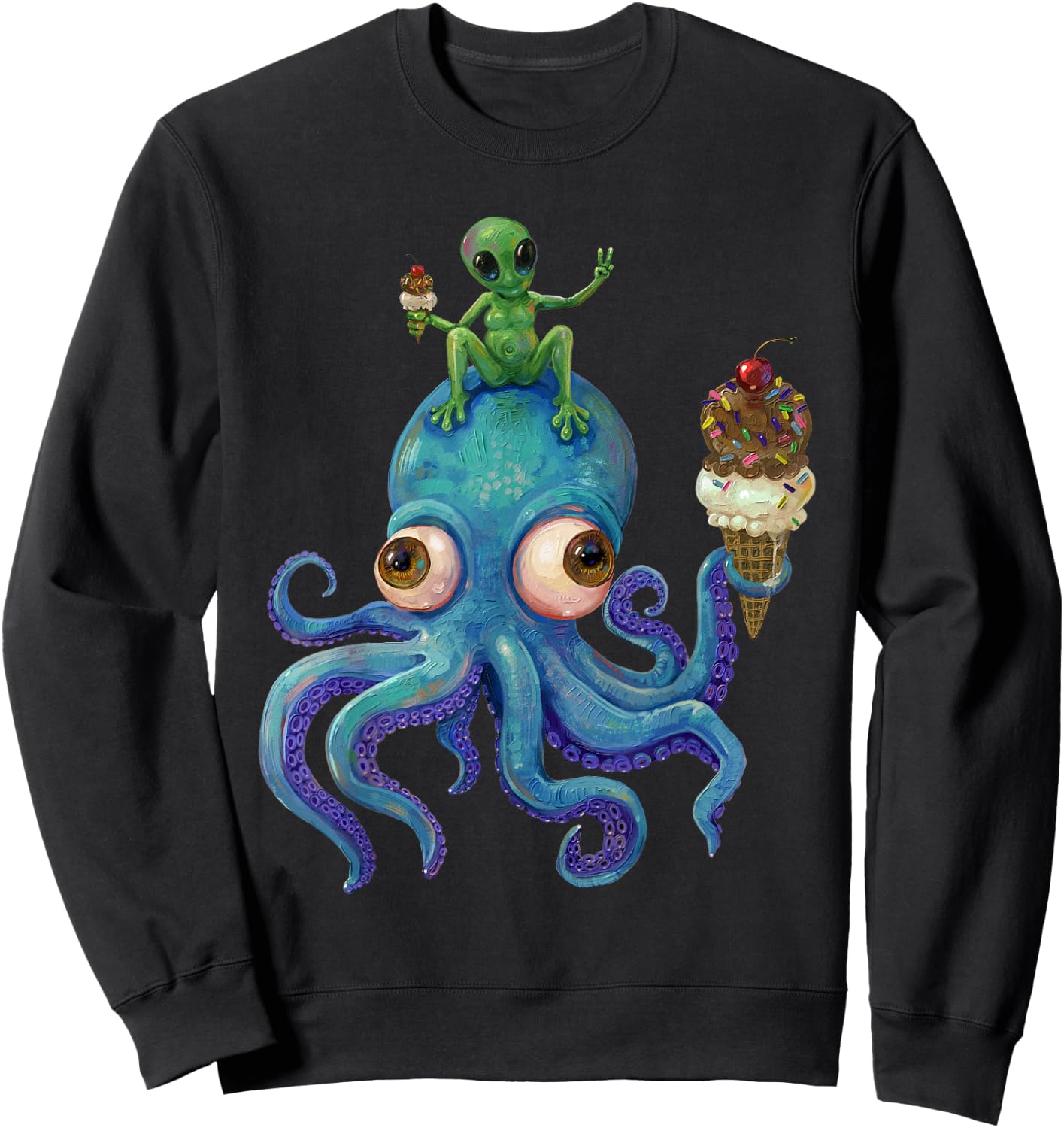 Octopus and Alien Cosmic Ice Cream Party Sweatshirt - Sweatshirt | Black