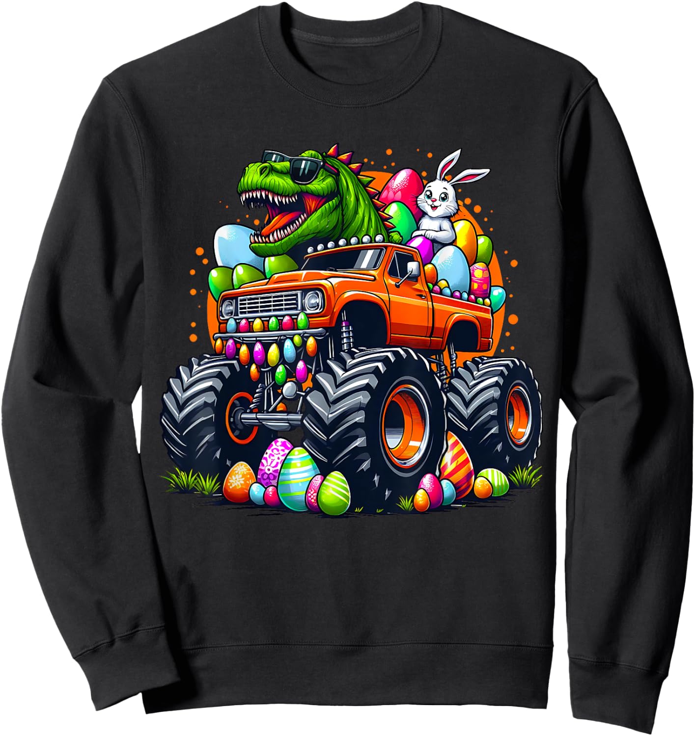 Funny Easter T-Rex Bunny Dinosaur Monster Truck Dino Easter Sweatshirt - Sweatshirt | Black
