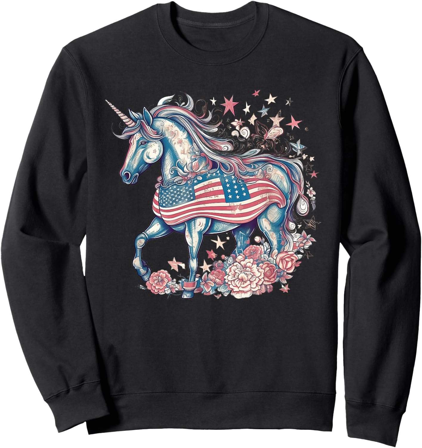 American Unicorn 4th Of July Patriotic USA Flag Girls Women Sweatshirt - Sweatshirt | Black