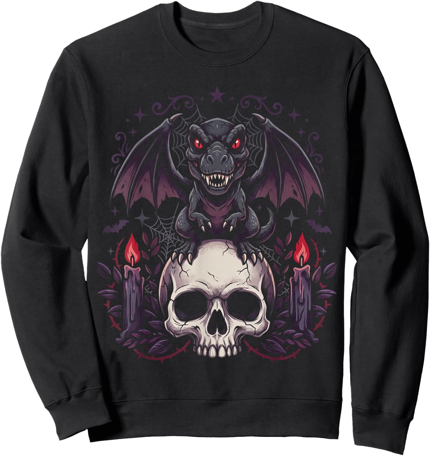 Gothic Dino on Skull Pastel Goth Kawaii Skeleton Sweatshirt - Sweatshirt | Black
