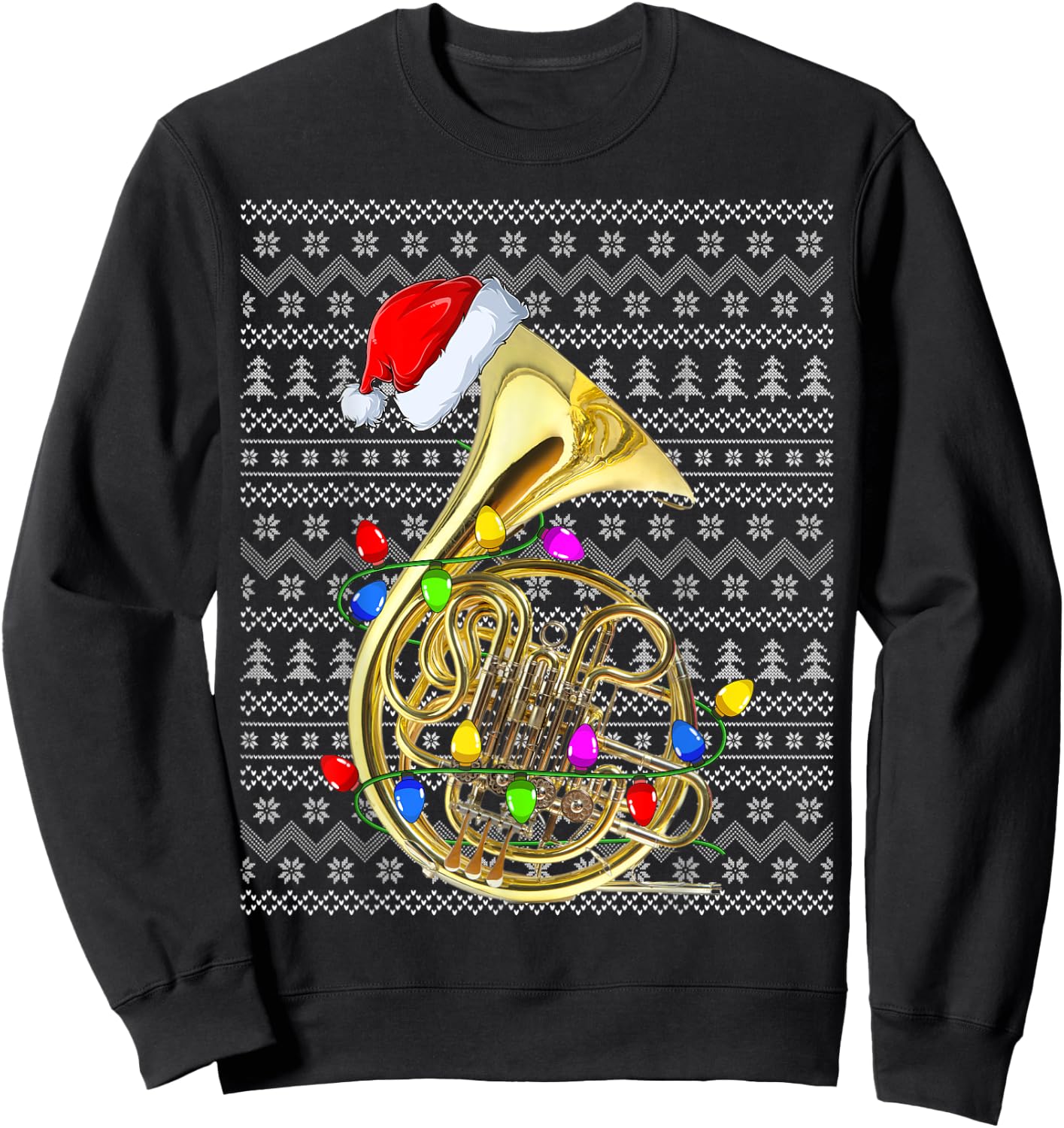 French Horn Lighting Xmas Sweater Ugly French Horn Christmas Sweatshirt - Sweatshirt | Black