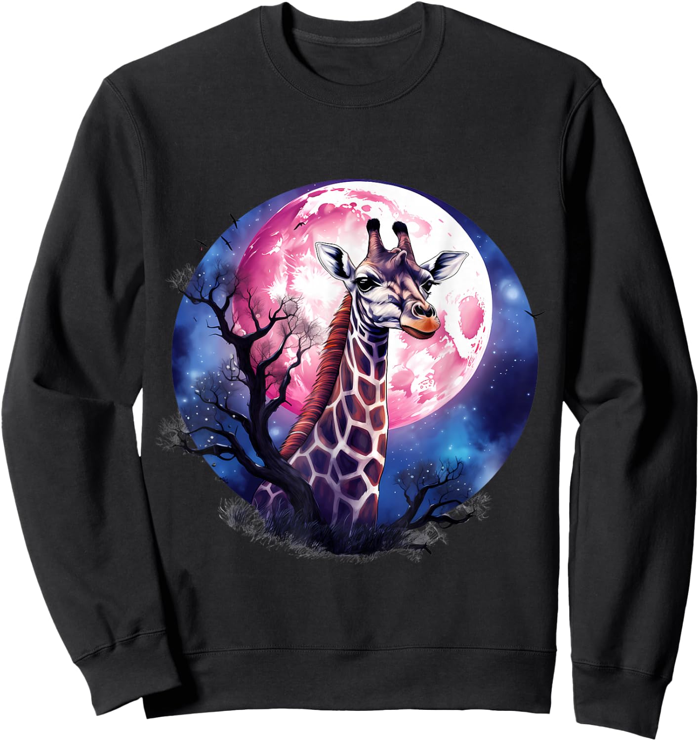 Giraffe Wildlife Safari Tree Moon Animal Art Nature Artwork Sweatshirt - Sweatshirt | Black