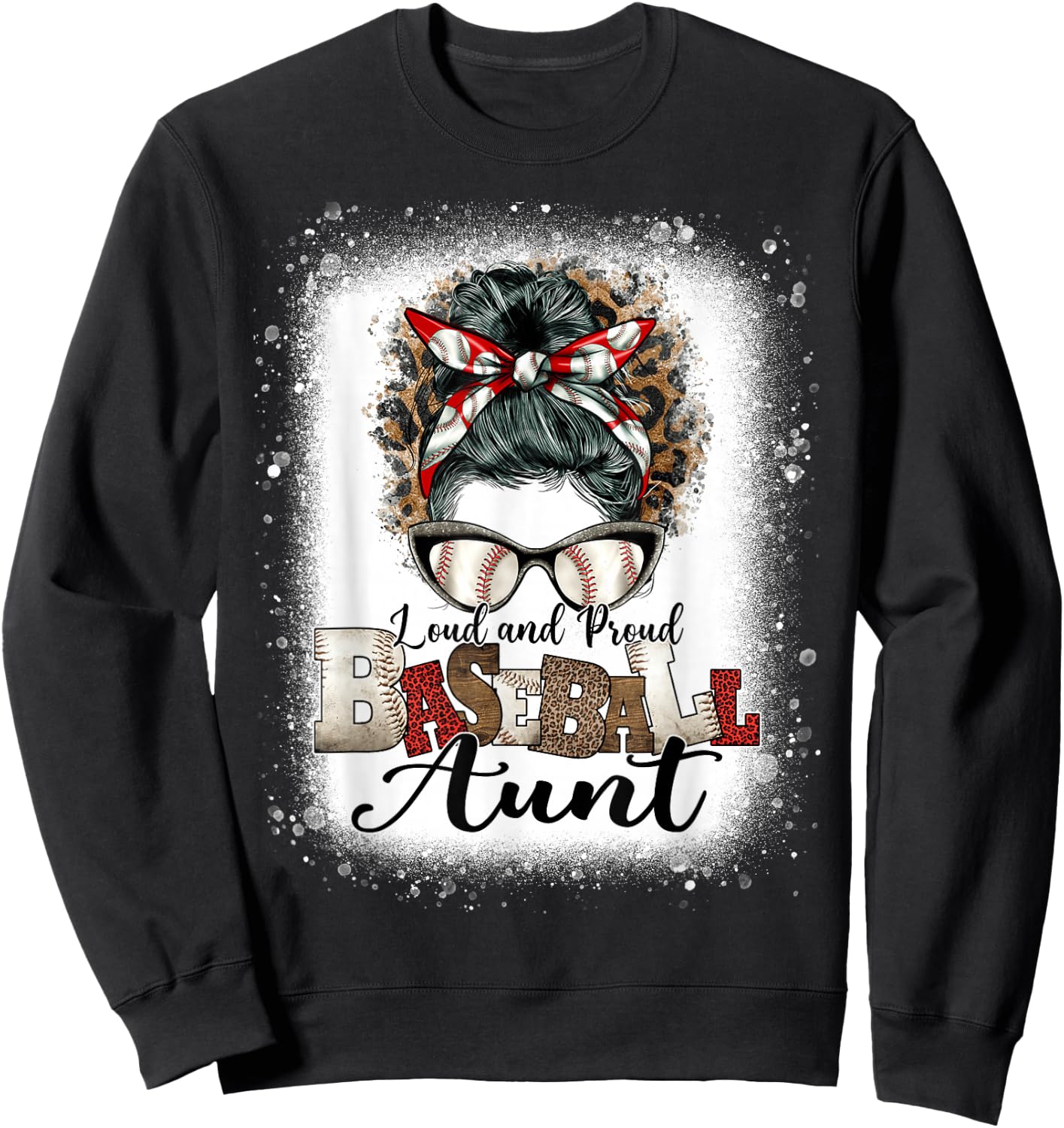 Loud Proud BaseBall Aunt Life Messy Bun Leopard Sweatshirt - Sweatshirt | Black