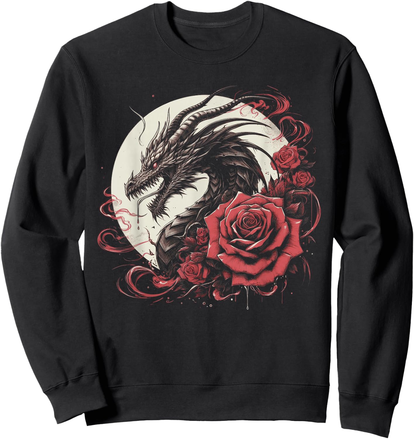 Dragon With Roses And Full Moon Dark Art Sweatshirt - Sweatshirt | Black