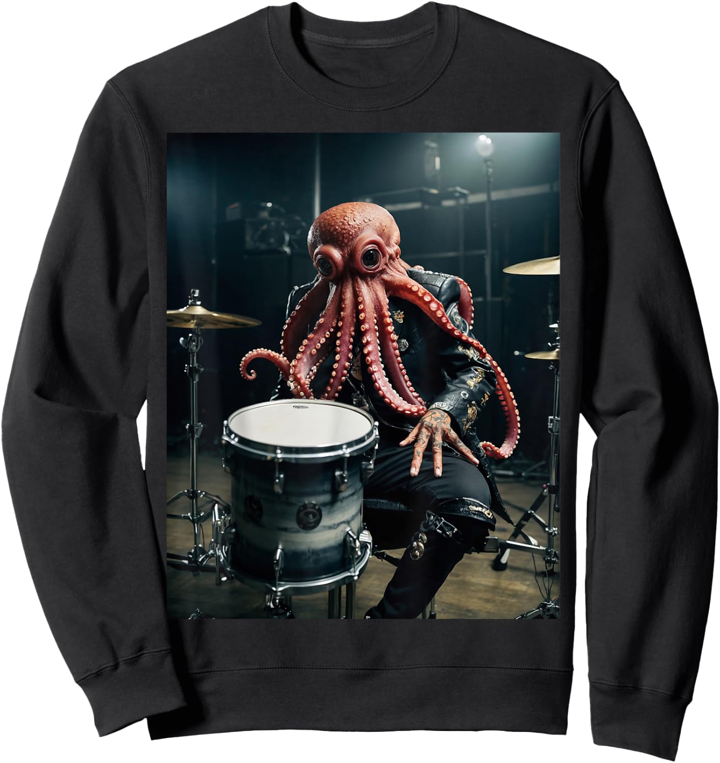 Punk Rock Octopus Head Heavy Metal Drums Leather Jacket Cool Sweatshirt - Sweatshirt | Black