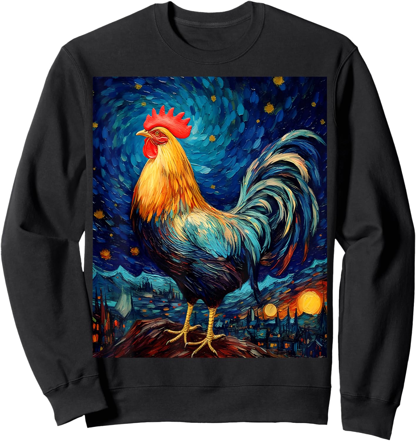 Surreal Starry Night Rooster Sweatshirt - Sweatshirt | Black