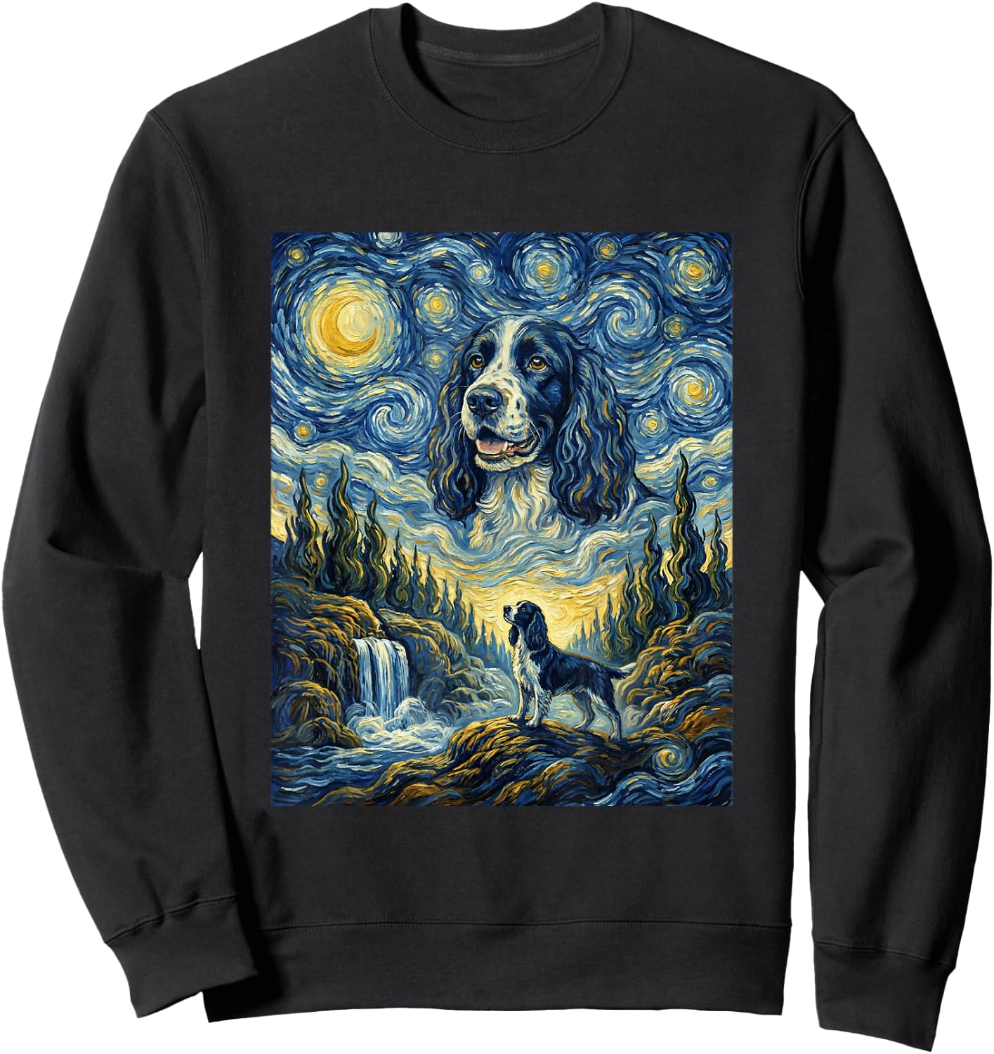 Springer Spaniel Dog Moon Howling Starry Night Van Gogh Art Sweatshirt - Sweatshirt | Black