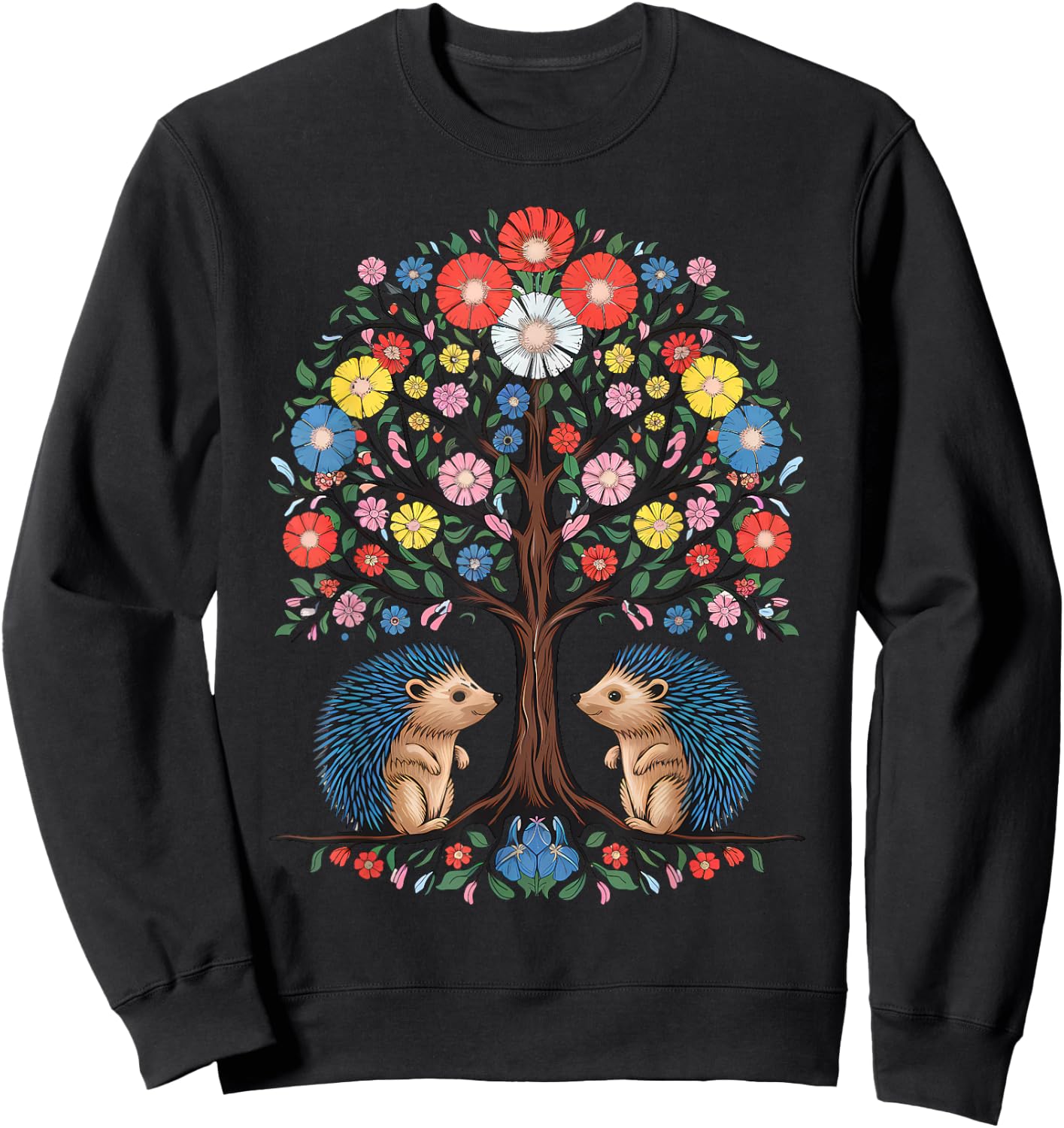 Hedgehog Scandinavian Folk Flowers Style Sweatshirt - Sweatshirt | Black