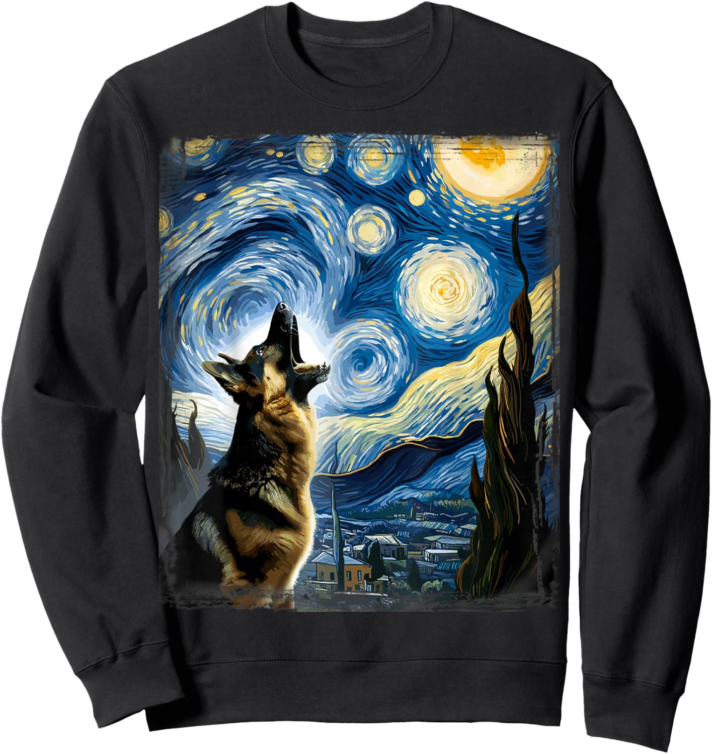 Alsatian Dog Artistic Van Gogh Starry Night German Shepherd Sweatshirt - Sweatshirt | Black