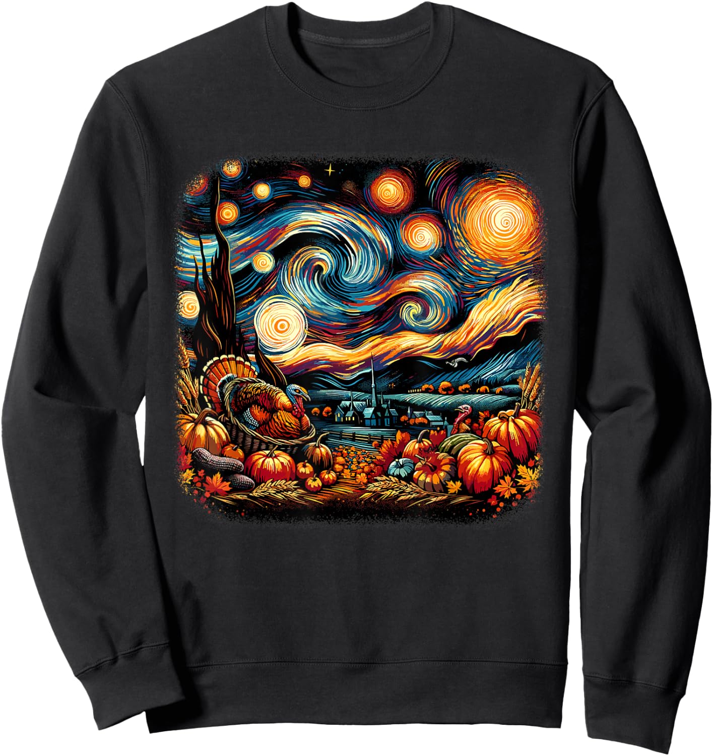 Thanksgiving Turkey & Pumpkin Harvest Starry Night Van Gough Sweatshirt - Sweatshirt | Black