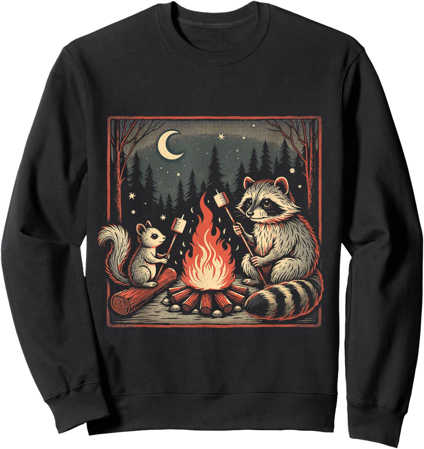 Forest Animals by the Campfire – Cozy Squirrel and Raccoon Sweatshirt - Sweatshirt | Black