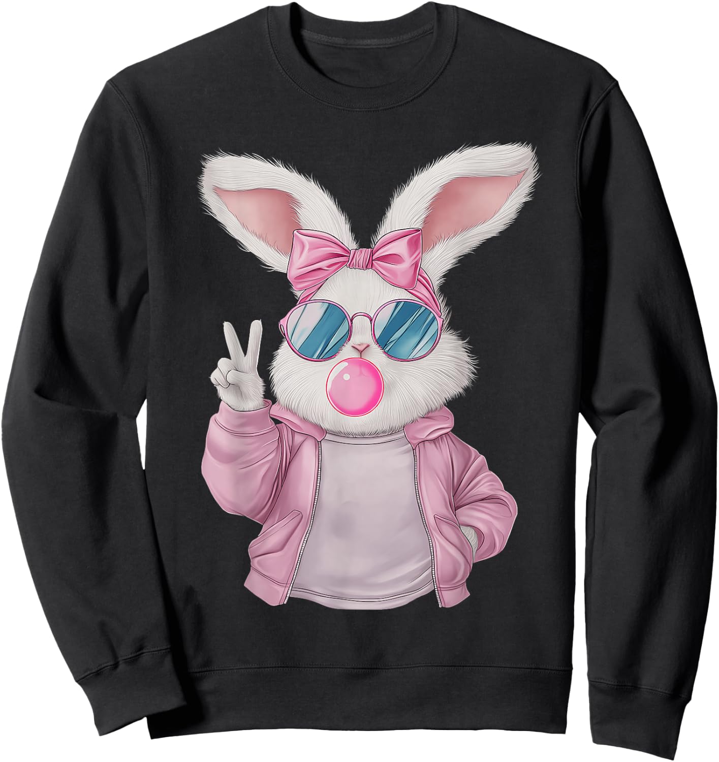 Rabbit Bunny Blowing Bubble Gum Easter Day Cute Girl Women Sweatshirt - Sweatshirt | Black