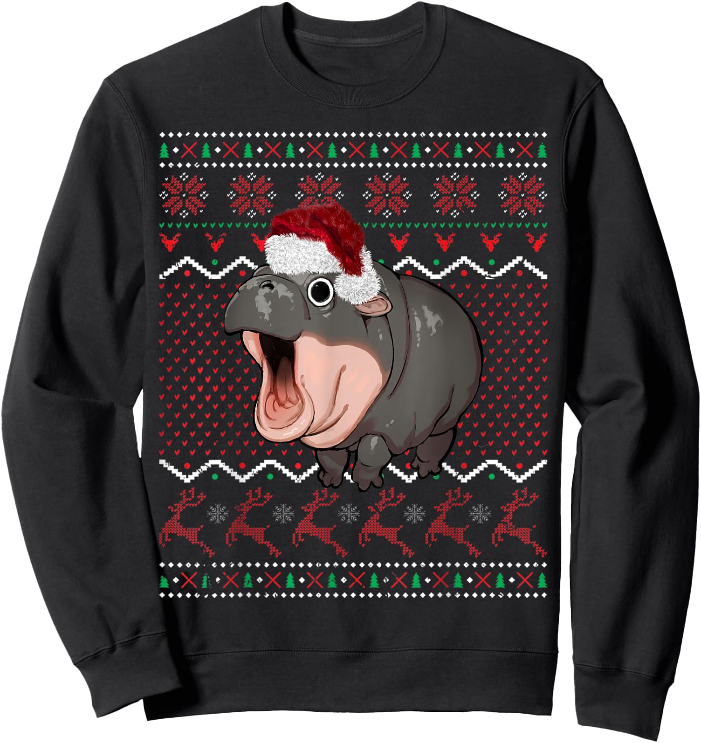 Moo Deng Christmas Baby Hippo Santa Hat Ugly Sweater Xmas Sweatshirt - Sweatshirt | Black