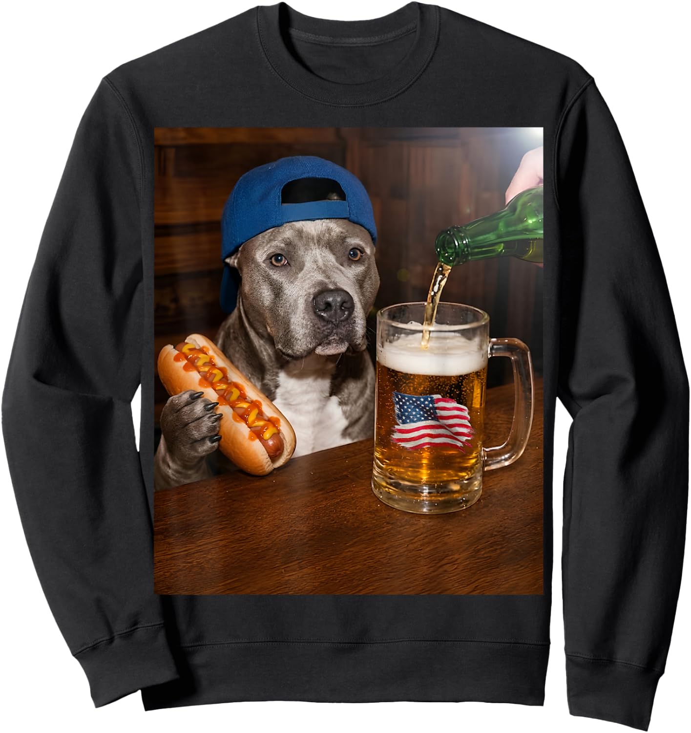 Funny Pitbull Meme Drinking Beer Hotdog USA Flag Pittie Moms Sweatshirt - Sweatshirt | Black