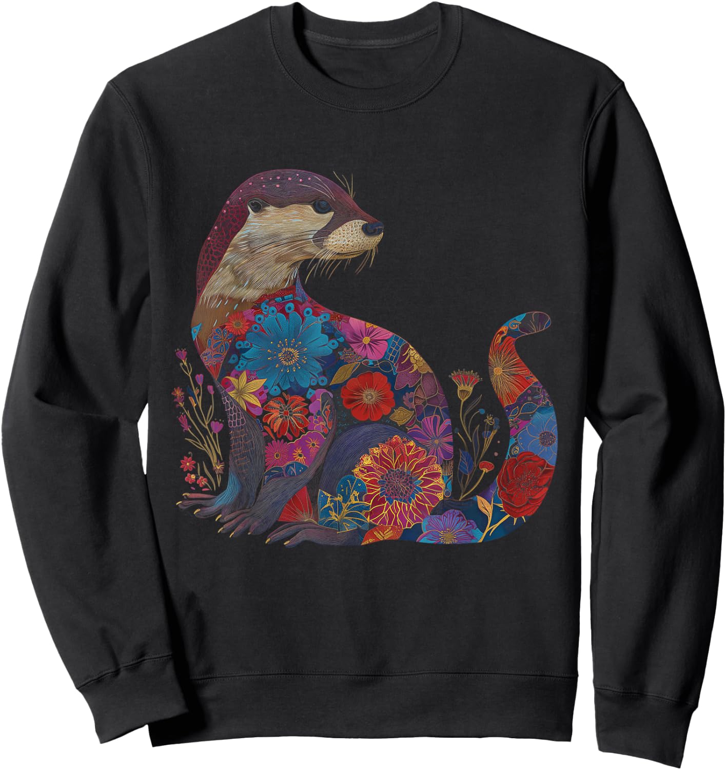 Otter Floral Artwork Vintage Flowers Cute Sea Otter Sweatshirt - Sweatshirt | Black