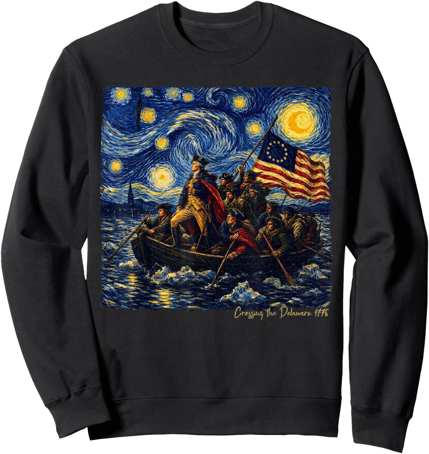 Crossing The Delaware Starry Night in Van Gogh Art 1776 Sweatshirt - Sweatshirt | Black