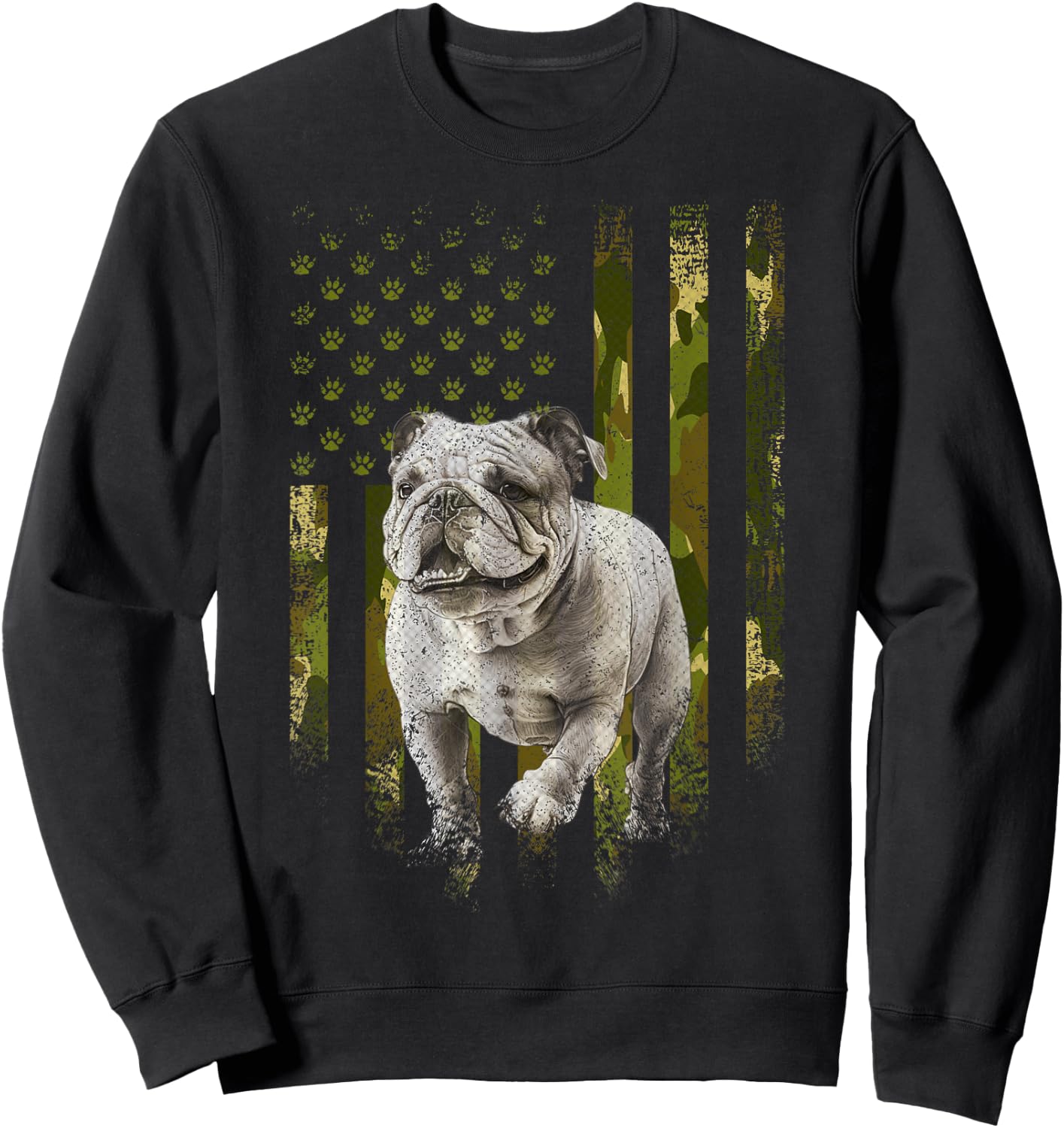 Vintage Camouflage USA Camo Flag Bulldog 4th Of July Women Kids Men Sweatshirt - Sweatshirt | Black