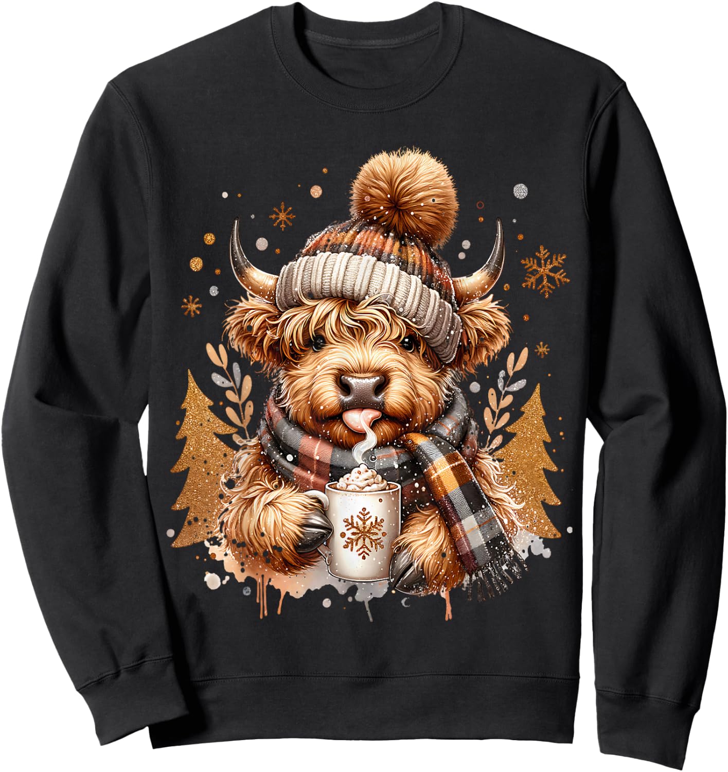 Cute Highland Cow Christmas Trees Winter Hot Cocoa Chocolate Sweatshirt - Sweatshirt | Black