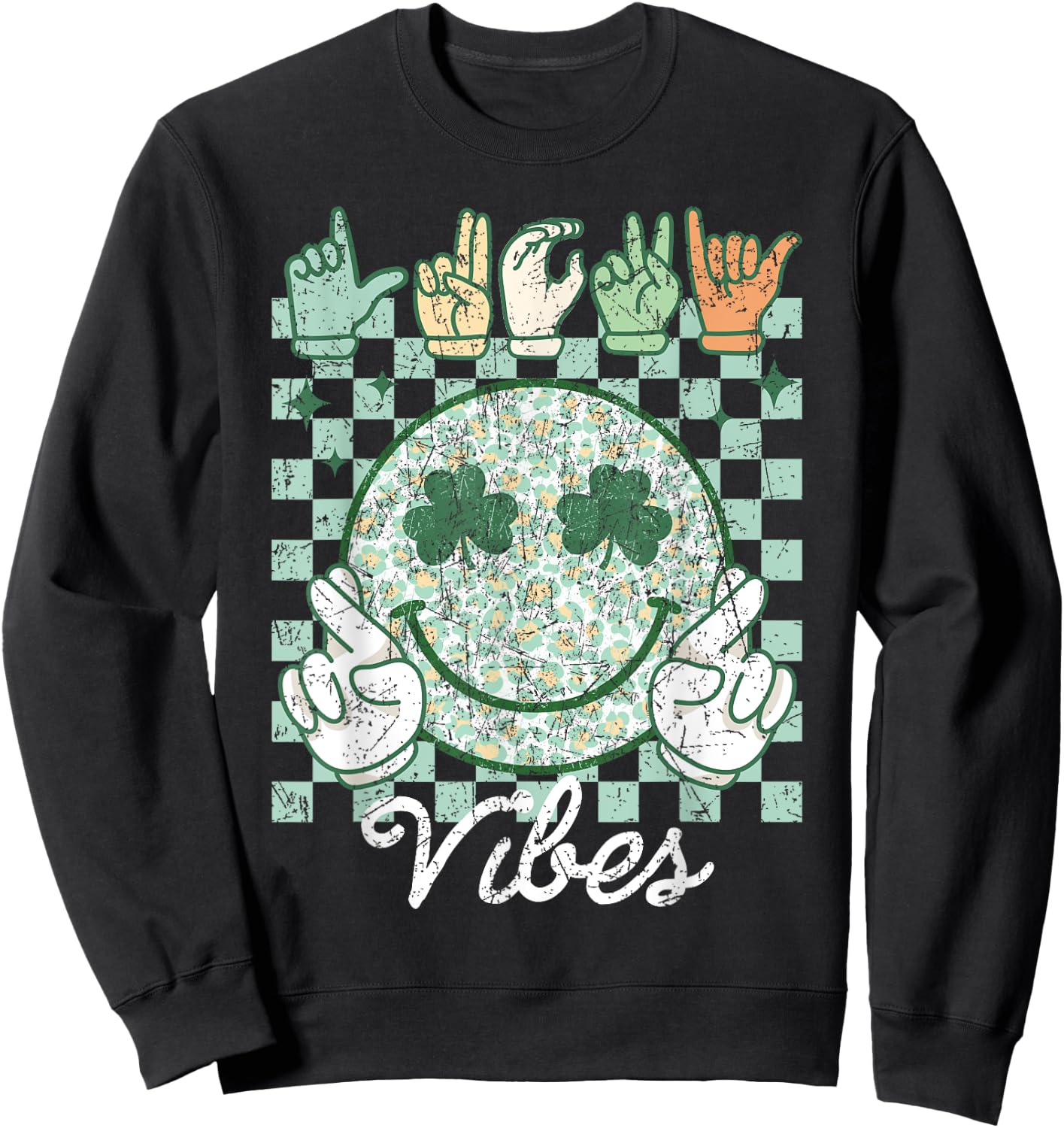 Lucky Vibes St Patrick's Day ASL Sign Language Deaf Groovy Sweatshirt - Sweatshirt | Black