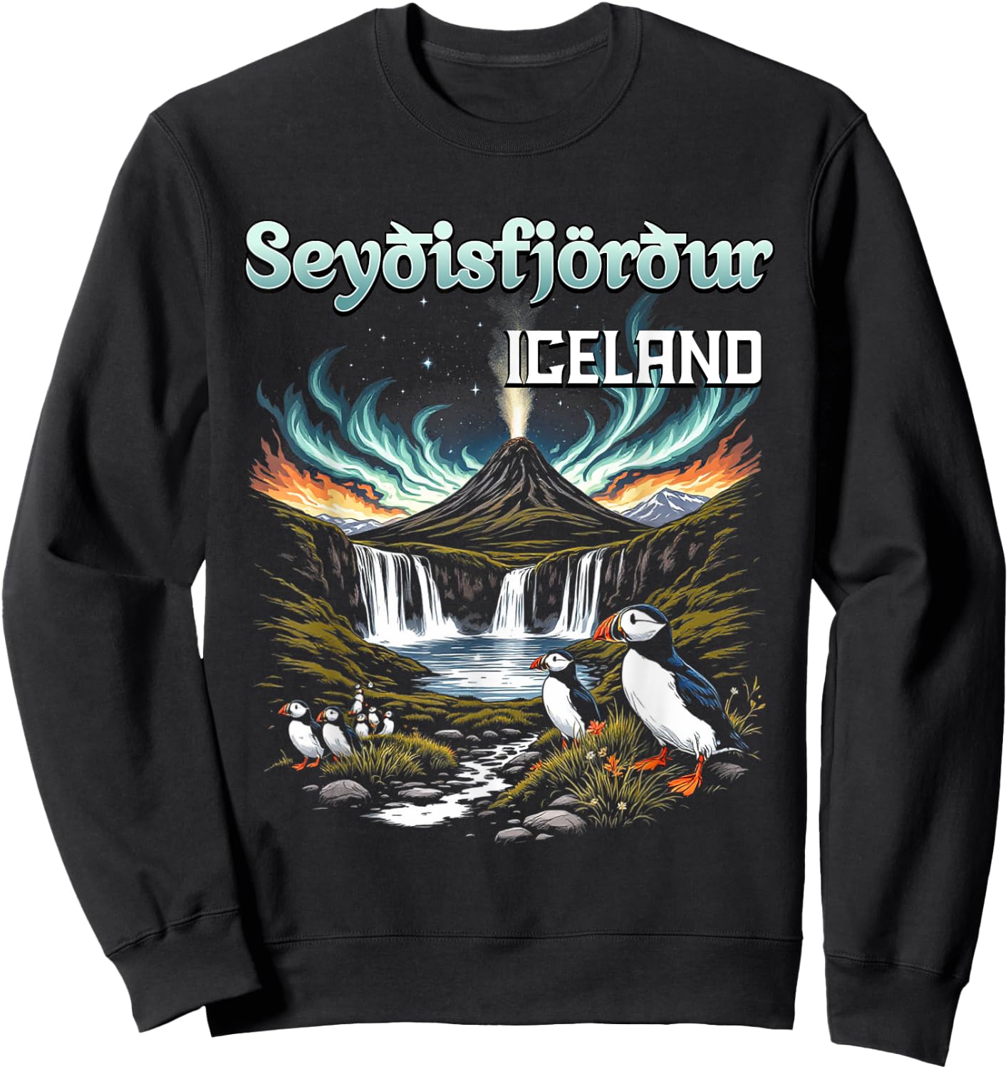 Seyðisfjörður Iceland Souvenir Icelandic Volcano Puffins Sweatshirt - Sweatshirt | Black