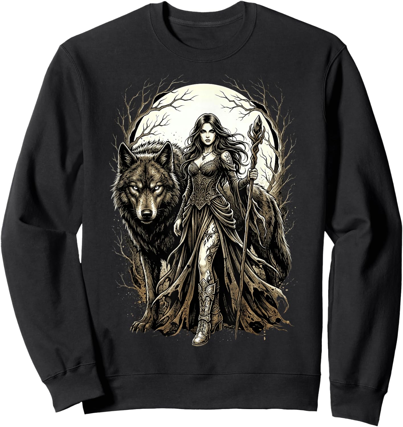 Fantasy Kriegerin Wolf Vollmond Gothic Motiv Sweatshirt - Sweatshirt | Black