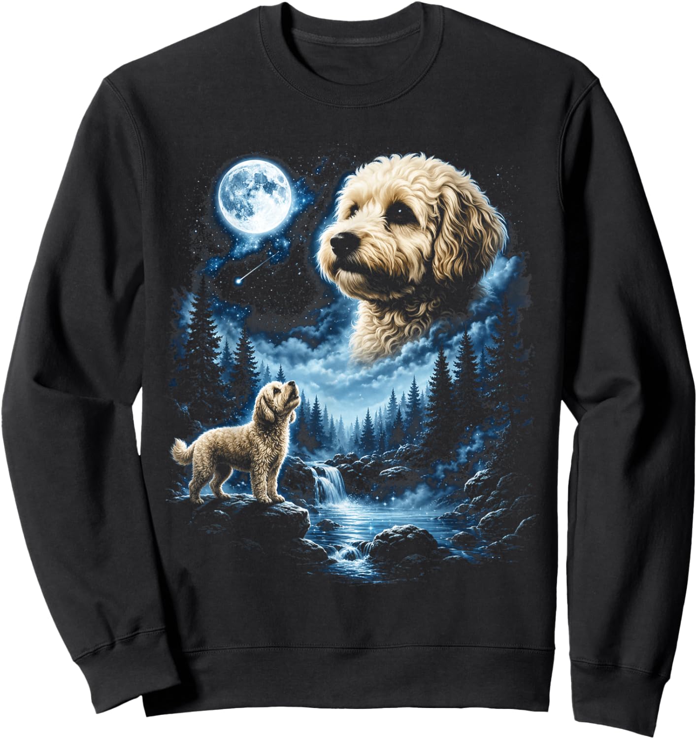 Maltipoo Howling to the Moon Meme 90s Animal Graphic Sweatshirt - Sweatshirt | Black